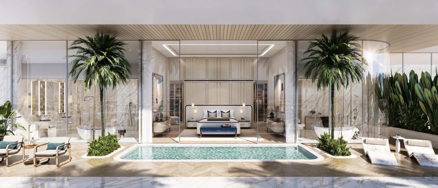 Luxurious bedroom suite with glass walls, featuring a canopy bed with blue and white accents, overlooking an indoor pool and surrounded by palm trees.
