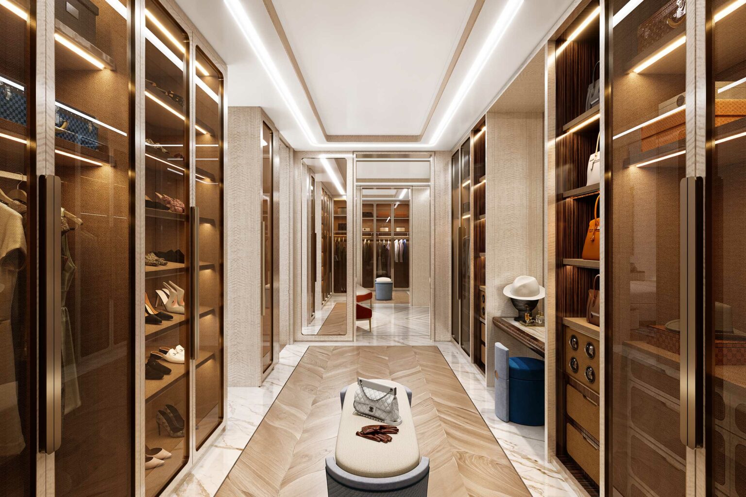 Luxurious walk-in closet with glass-paneled wardrobes displaying shoes and bags. A cushioned bench, mirrored wall, and soft lighting create an elegant, serene ambiance.