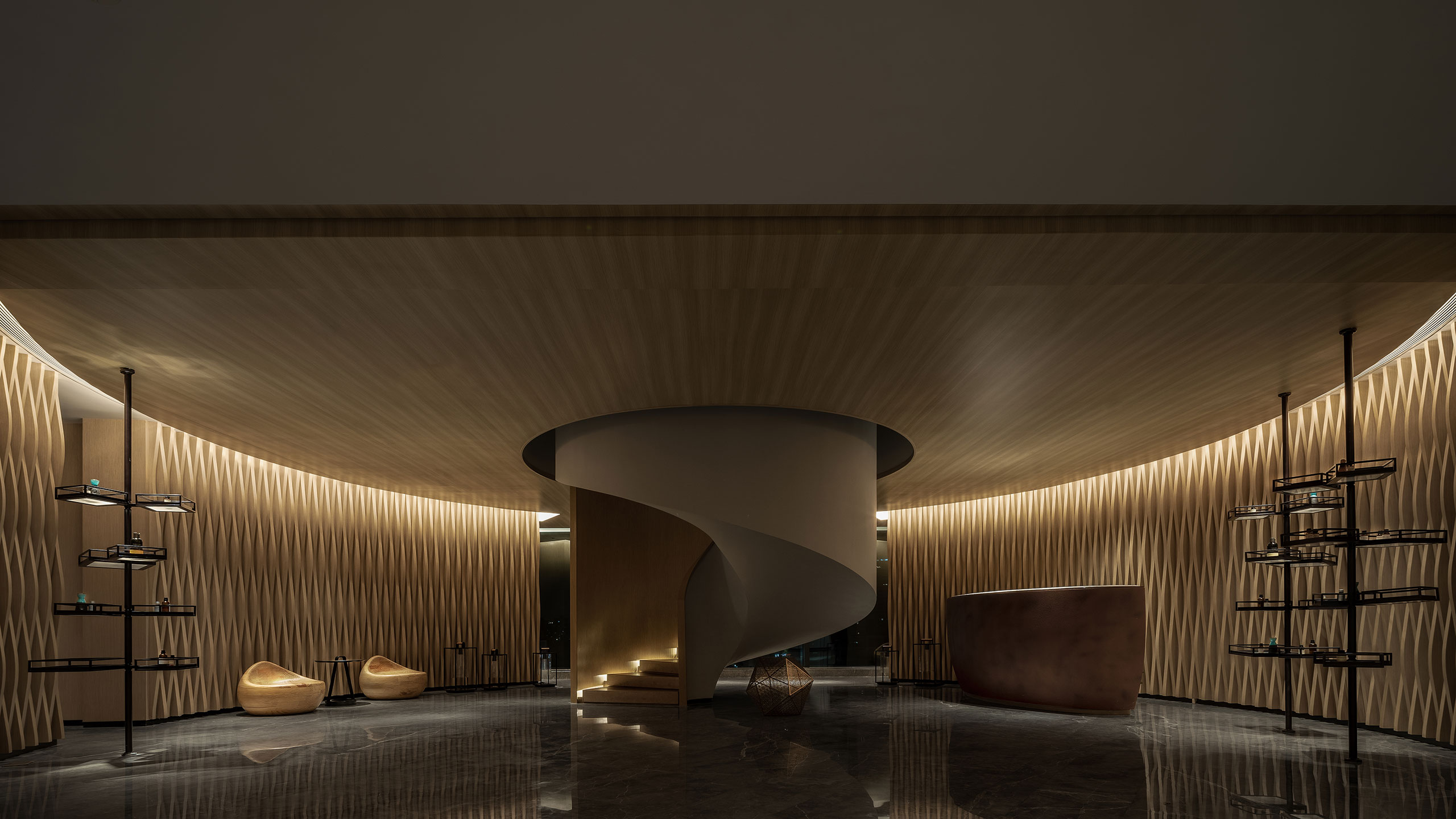 Elegant hotel spa interior with a modern spiral staircase as the centerpiece, surrounded by warm wood paneling, soft lighting, and minimalistic furniture. Cozy atmosphere.