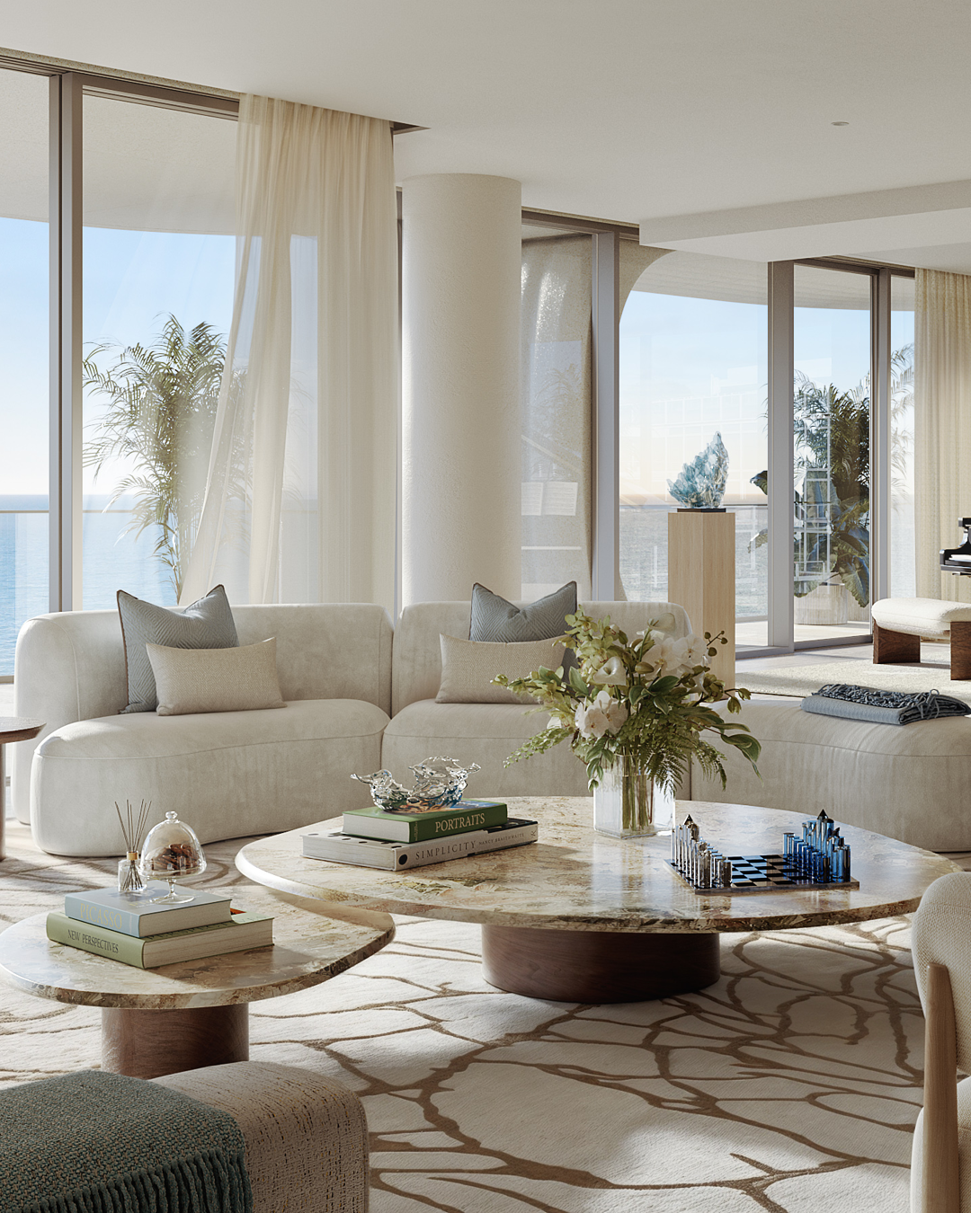Inspired by organic elements such as carved sea forms, stones, and native flora, the spaces reflect a harmonious balance between the natural world and human touch.
