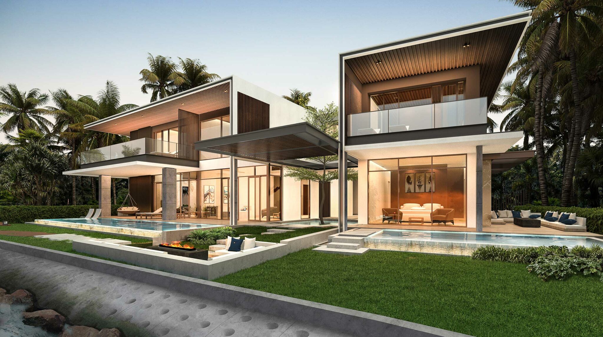 Modern luxury resort house with floor-to-ceiling windows, pool, and fire pit. Surrounded by palm trees, the setting conveys relaxation and elegance at dusk.