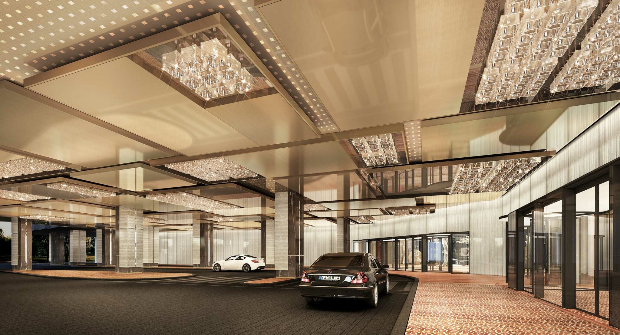 Elegant hotel entrance with dramatic chandeliers on a reflective ceiling, illuminating two parked cars—a black sedan and a white vehicle—on a patterned driveway.