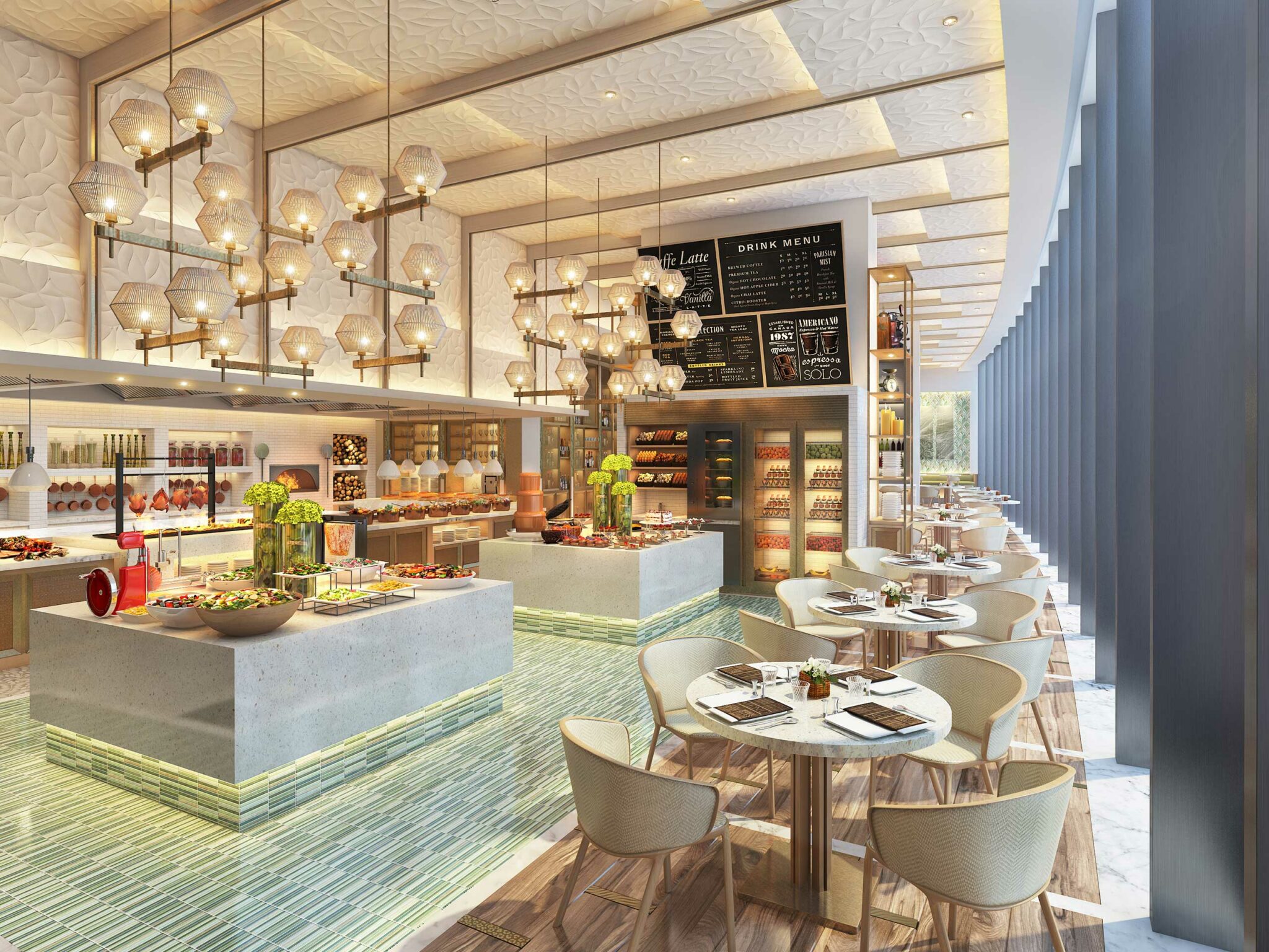 Modern hotel all day dining with elegant hanging lights, a central buffet with fresh food, and a menu board. Features round tables and panoramic windows.