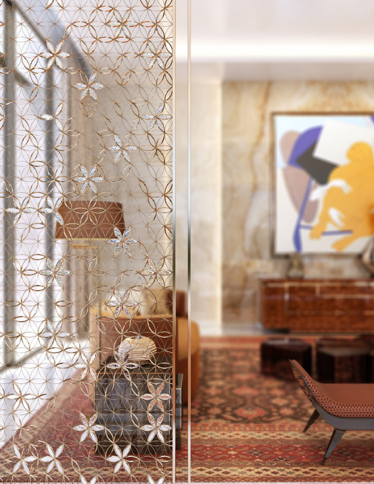 A decorative screen featuring intricate floral patterns, revealing a stylish residential interior with cozy seating and artwork, creating a warm and inviting atmosphere in a luxurious space.