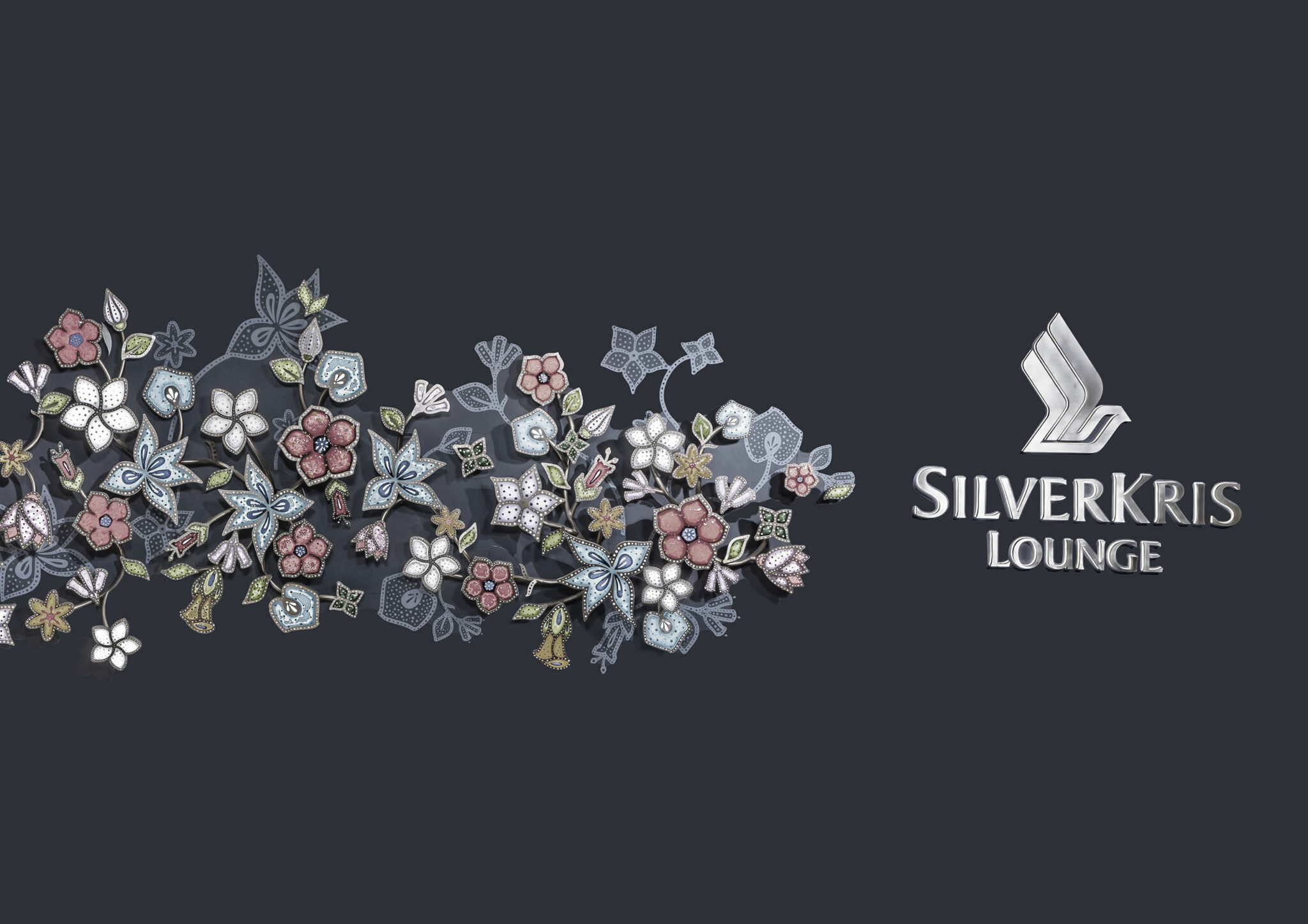 Singapore Airlines Lounges branding materials include intricate floral and geometric designs on a dark background, with 