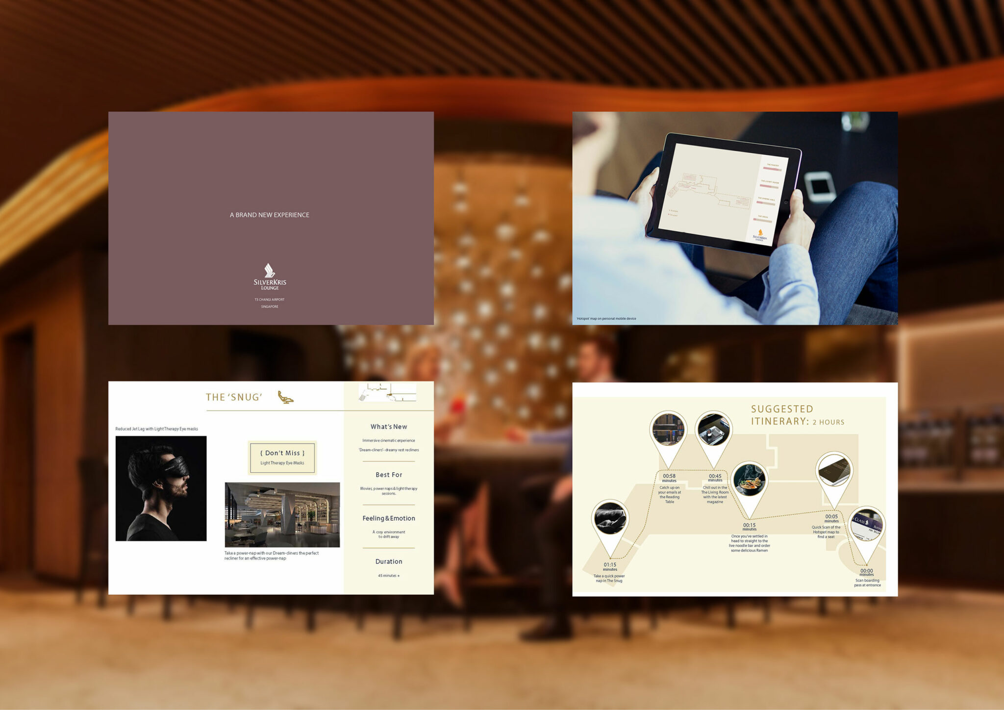 Singapore Airlines Lounges branding materials include a collage showing an elegant hotel lobby with blurred figures; it's overlaid with four digital interfaces: a tablet map and hotel guide pages, suggesting luxury travel experiences.