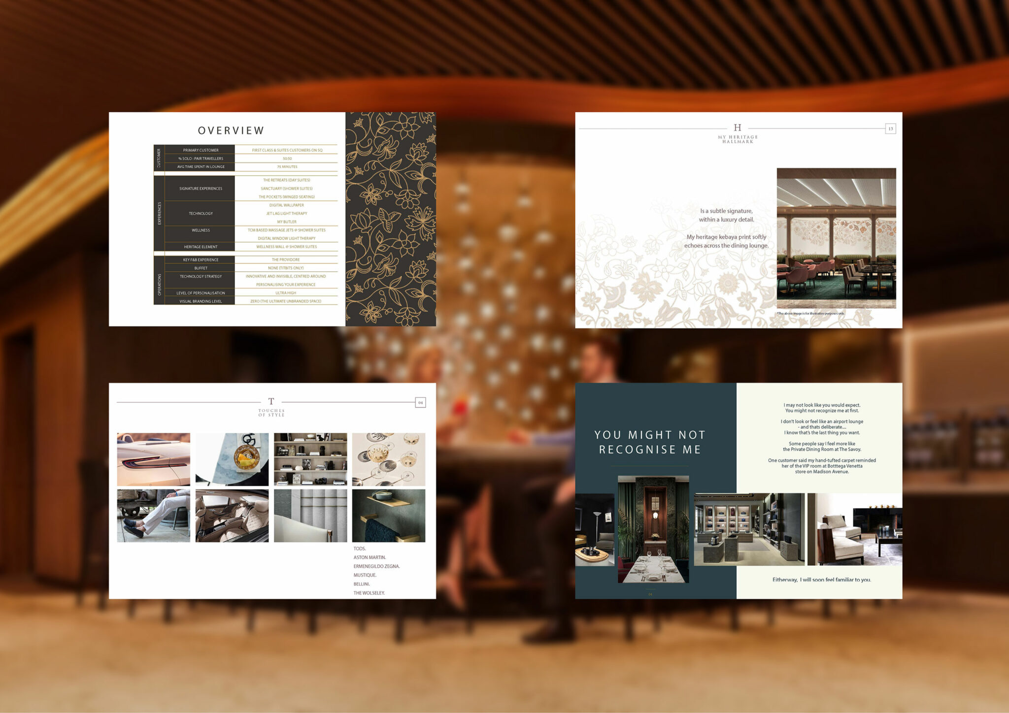 Singapore Airlines Lounges branding materials include a sophisticated presentation with floral and geometric designs, overview tables, and images of luxurious interiors, conveying elegance and style.