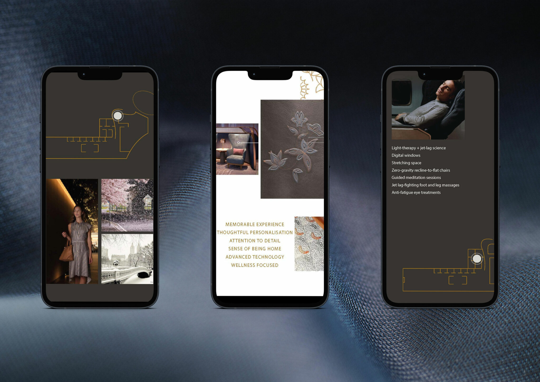 Singapore Airlines Lounges branding materials include three smartphones displaying luxury brand imagery and text. The left shows photos and patterns, the center lists personalized experiences, and the right depicts a relaxing traveler and wellness features.