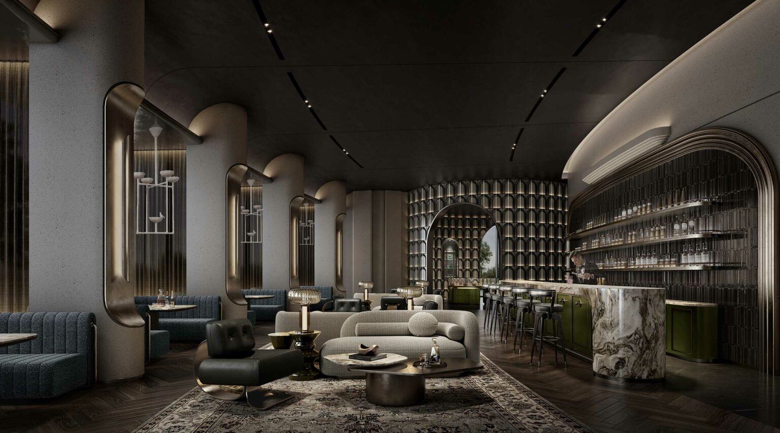 Luxurious hotel lounge with elegant furniture, soft lighting, and a marble bar. The modern design features curved architecture, plush seating, and warm tones.