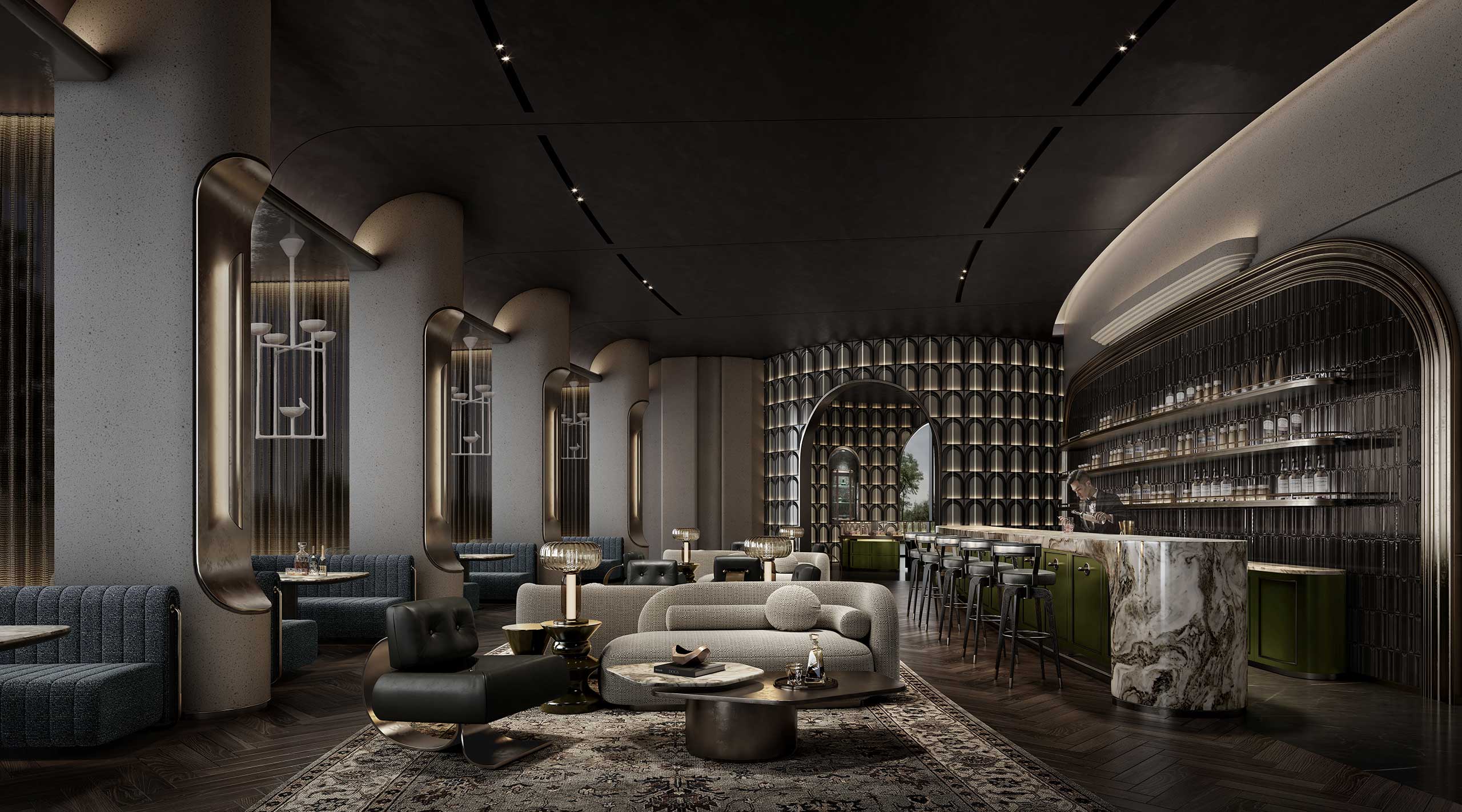 Luxurious hotel lounge with elegant furniture, soft lighting, and a marble bar. The modern design features curved architecture, plush seating, and warm tones.