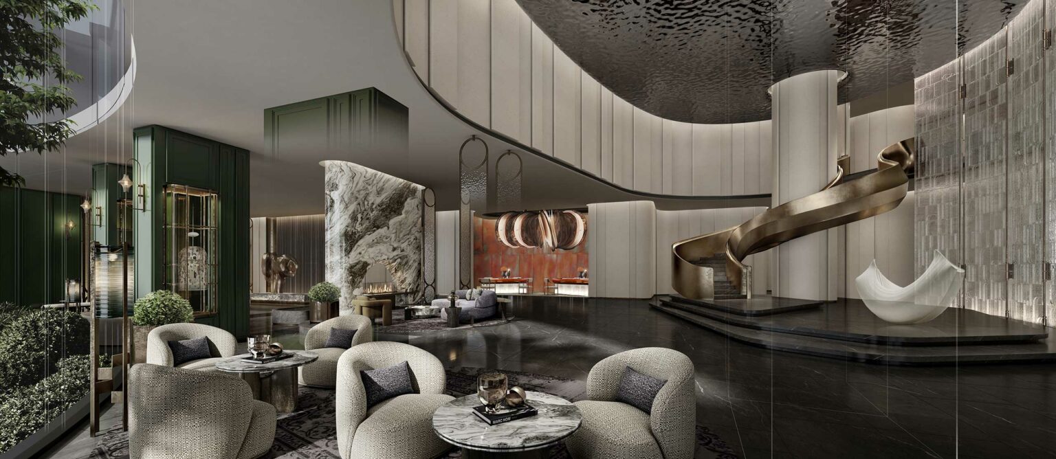 Luxurious hotel lobby with plush chairs, marble tables, and lush greenery. A grand spiral staircase adds elegance. Warm, sophisticated ambiance.