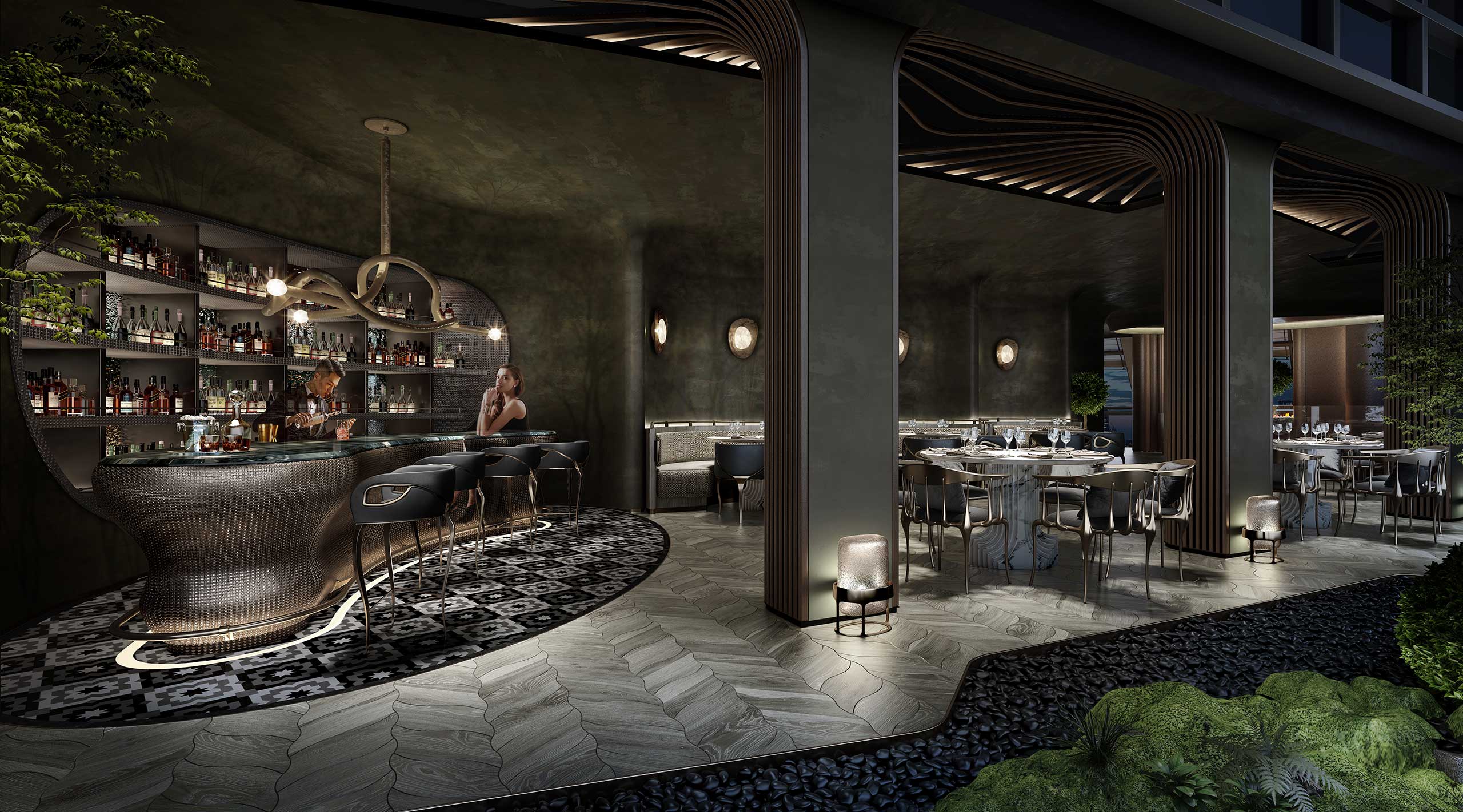 Elegant, dimly lit hotel restaurant interior with a modern bar, stylish seating, patterned floors, and soft ambient lighting, creating a sophisticated atmosphere.