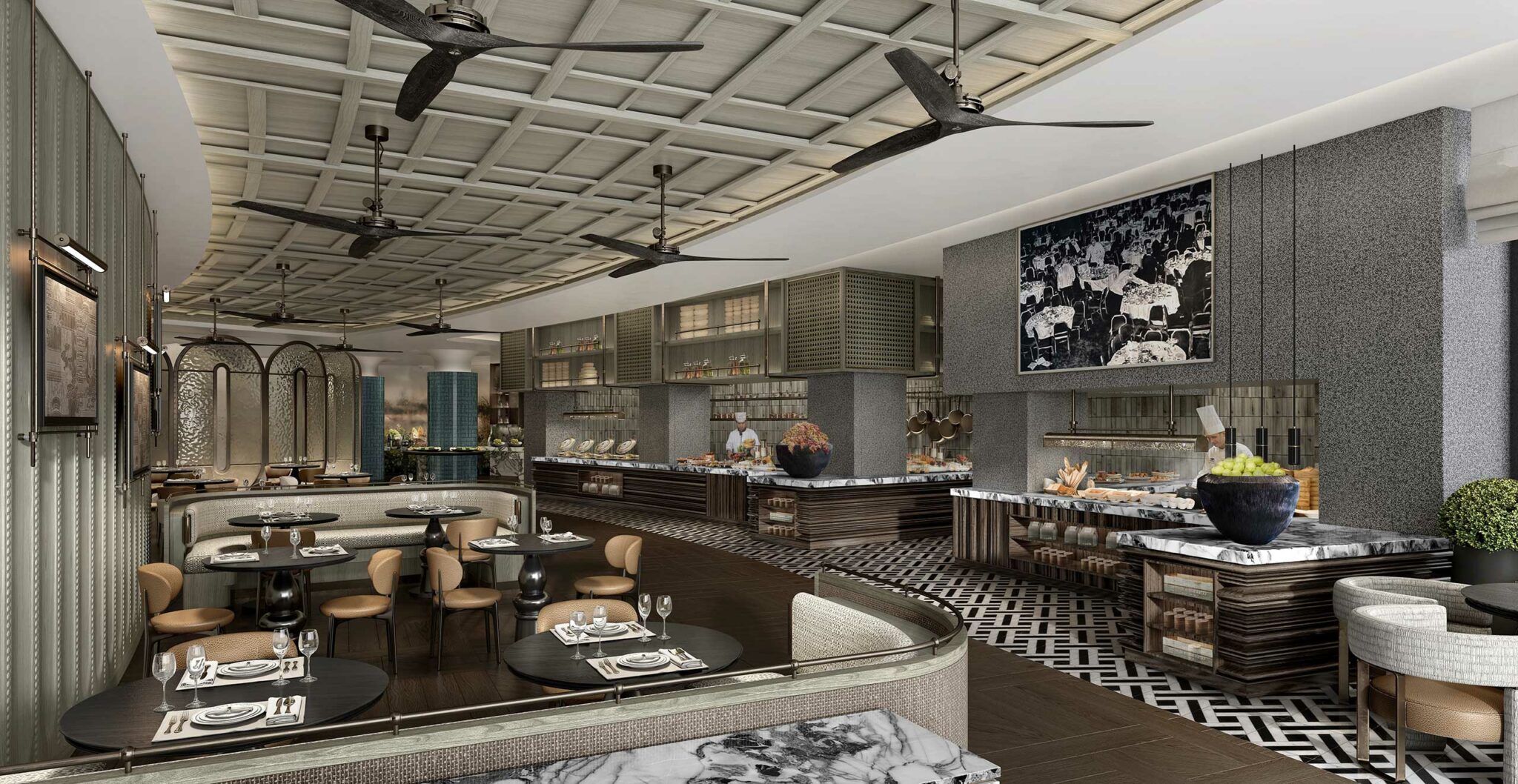 Spacious modern hotel all day dining area with elegant decor, featuring round tables set with glassware and napkins. Open kitchen and wall art create a sophisticated ambiance.