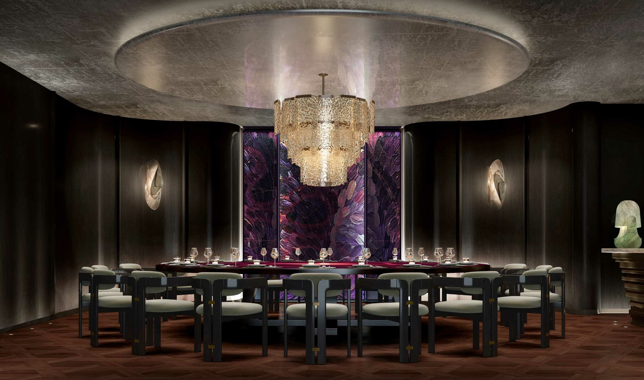 Luxurious hotel dining room with a circular table set for an elegant meal. A large crystal chandelier hangs above, and a vibrant, artistic wall backdrop enhances the sophisticated ambiance.