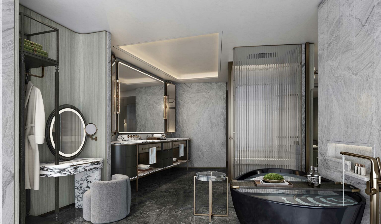 Luxurious hotel bathroom with marble textures, a double vanity, illuminated mirrors, and modern fixtures. The atmosphere is sleek and sophisticated.