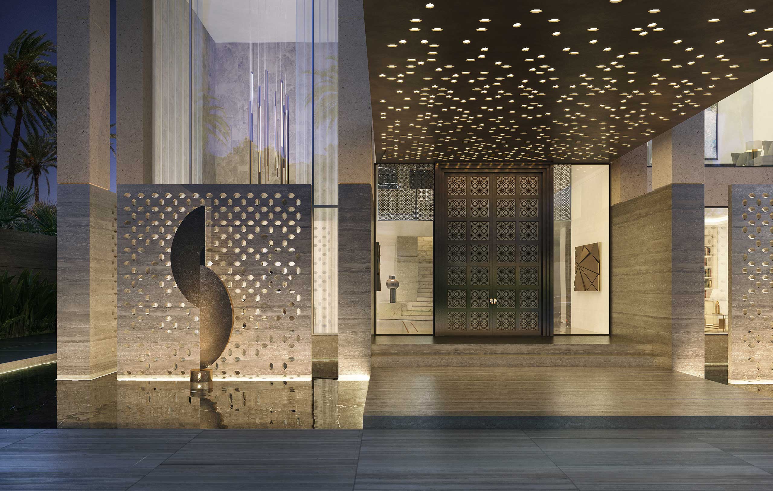 Modern architectural entrance of a private residence at night, featuring a large textured door, intricate lighting on walls and ceiling, and a reflecting pool, conveying elegance.