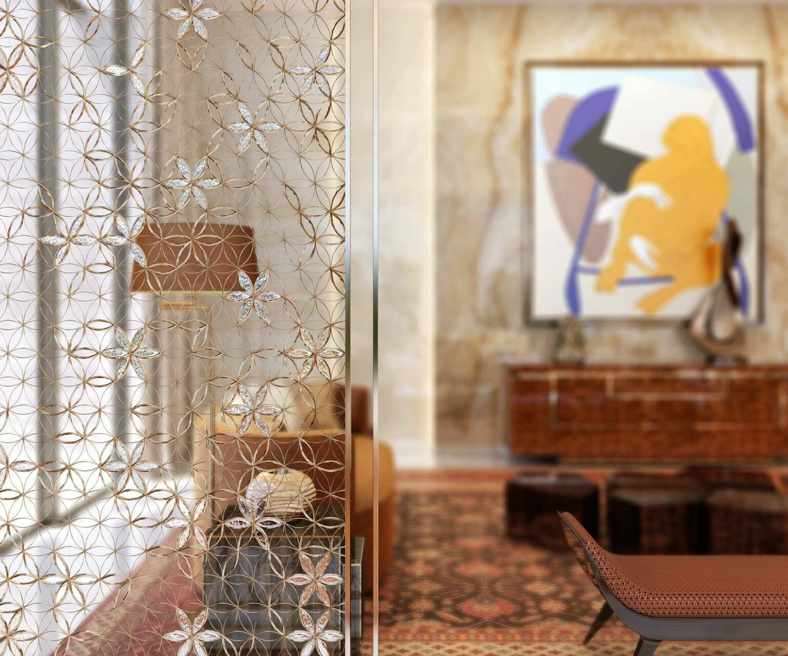 A living room with a decorative glass partition featuring a geometric floral pattern. In the background, there's an abstract painting and a wooden sideboard.