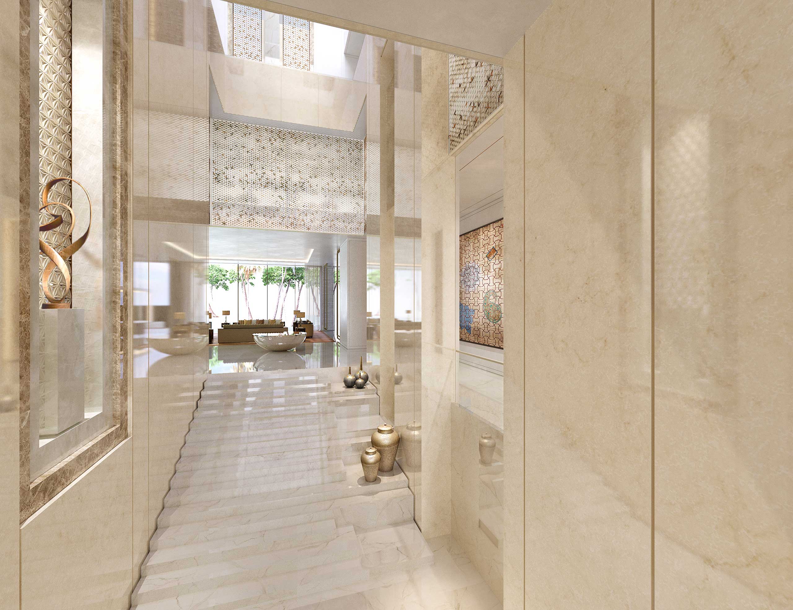 Luxurious marble hallway with intricate metal art, leading to a bright, open living area with trees visible outside. Elegant, calm, and serene ambiance.