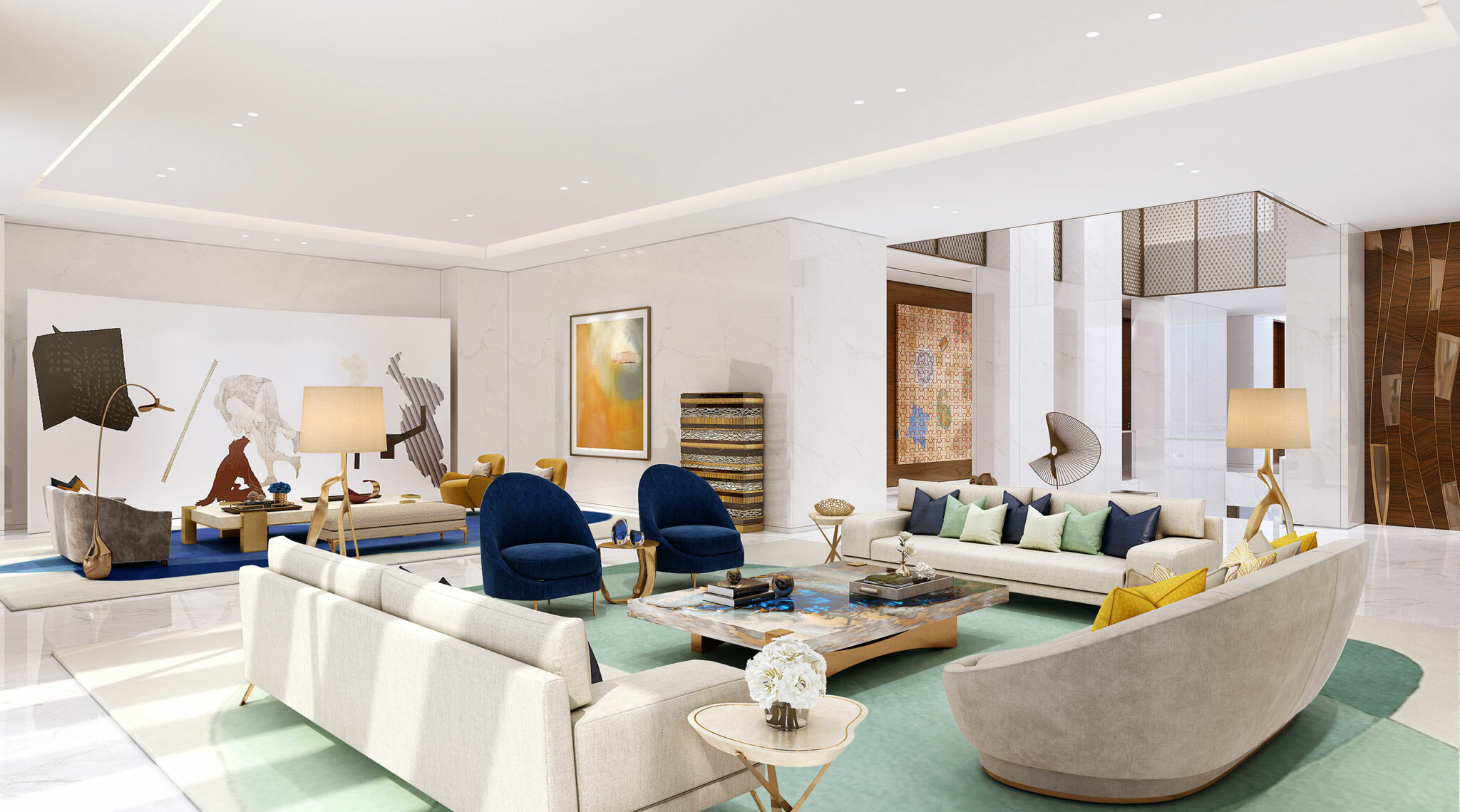 Luxurious living room with modern décor, featuring elegant white sofas, blue armchairs, abstract art, and warm lighting. Calm and sophisticated ambiance.