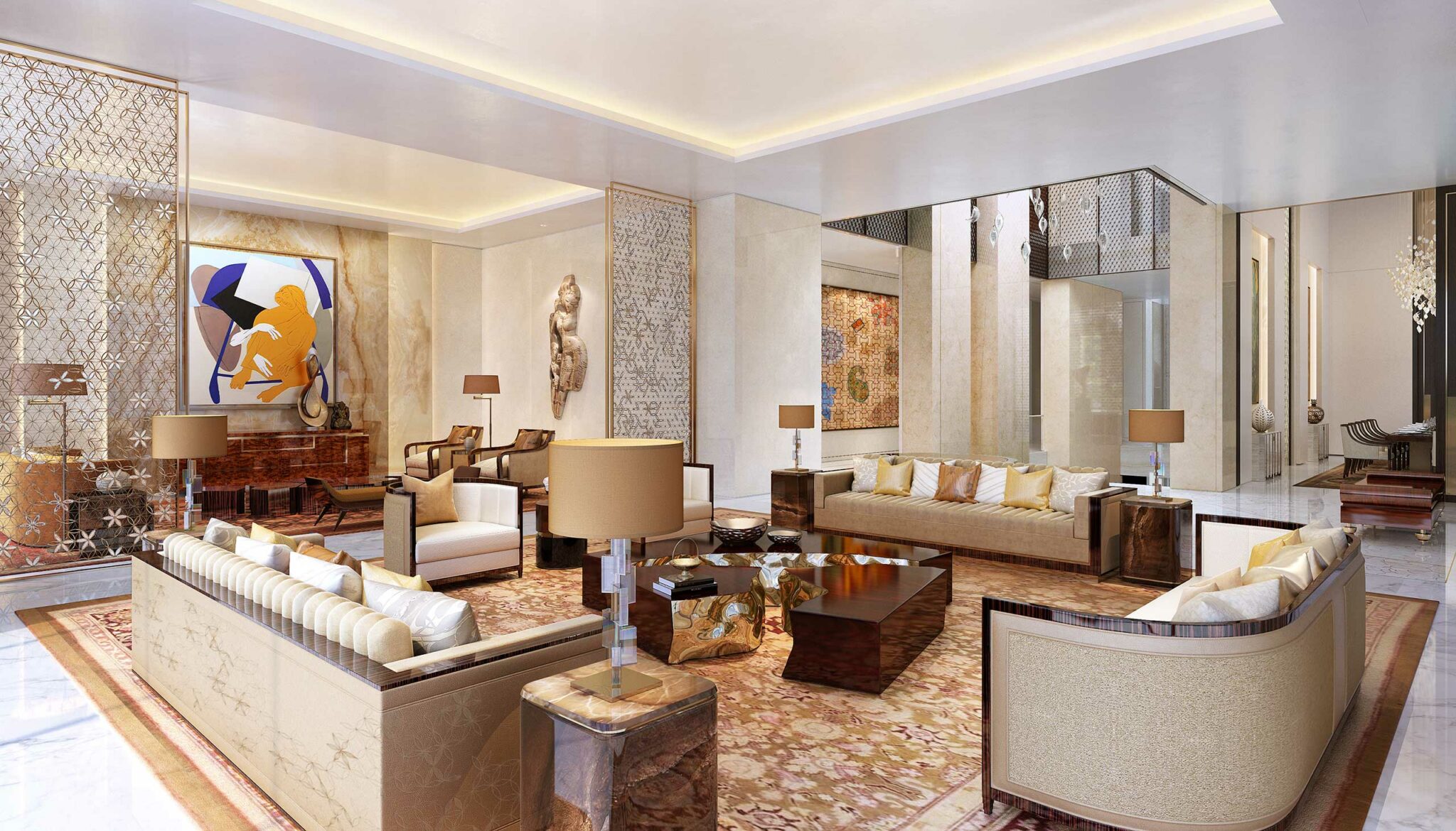 Luxurious living room with elegant beige sofas, modern art, and warm lighting. Marble accents and a patterned rug enhance the sophisticated ambiance.