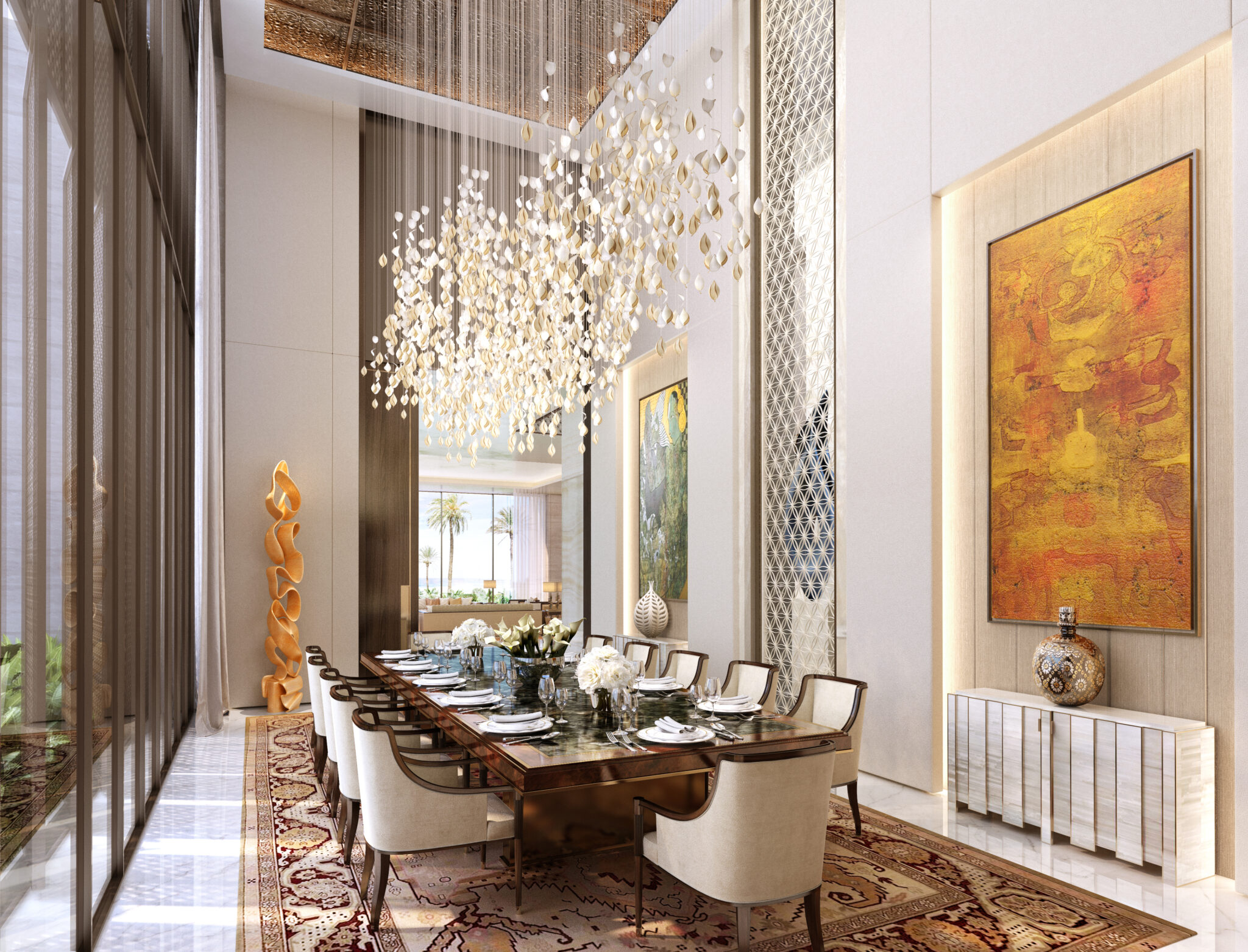 Luxurious dining room with a large wooden table set for ten, elegant cream chairs, ornate chandelier, abstract art, and floor-to-ceiling windows.