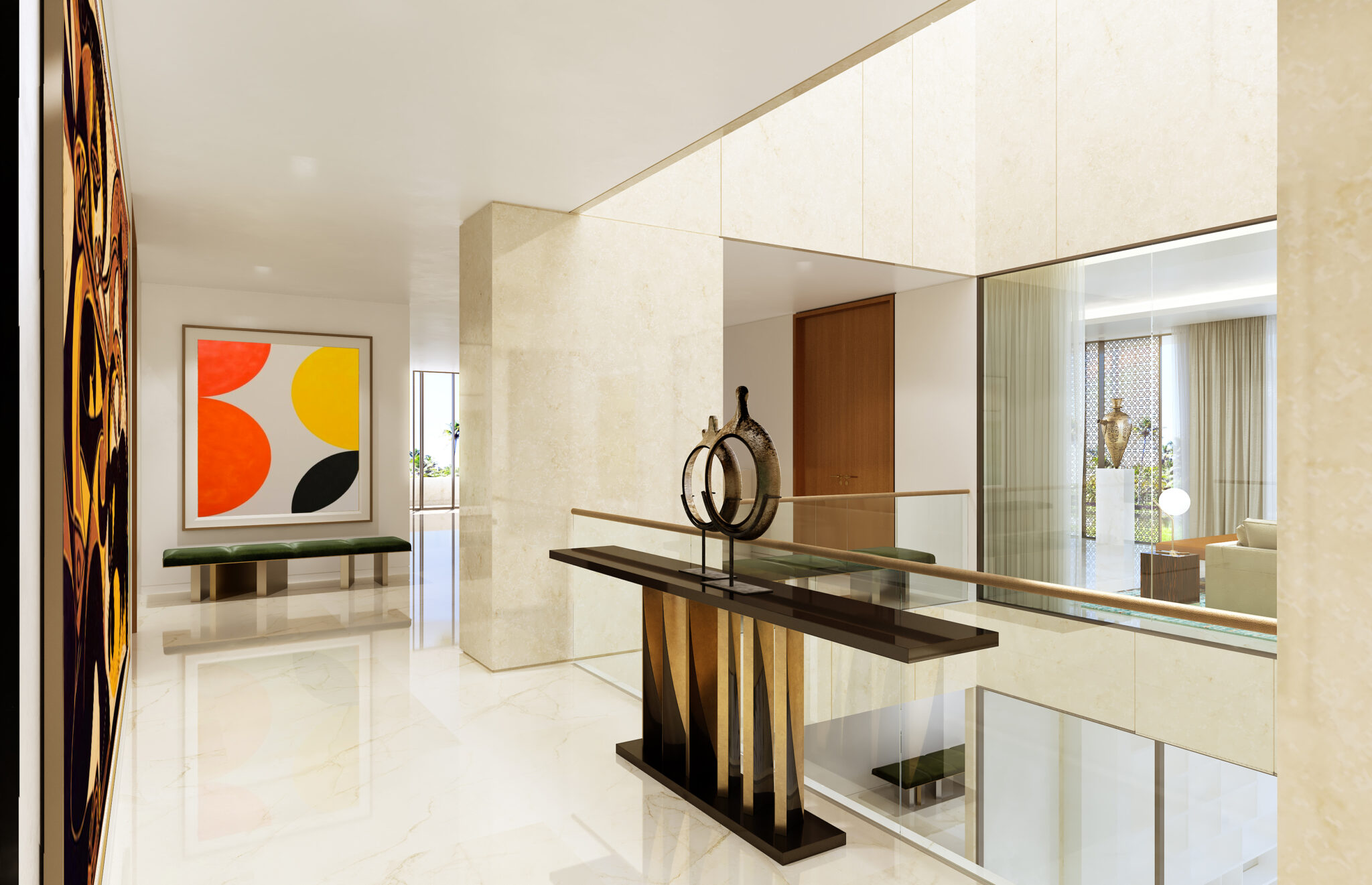 Contemporary hallway with glossy floors, abstract art on walls, and a sleek console table. Warm tones create a calm, sophisticated atmosphere.