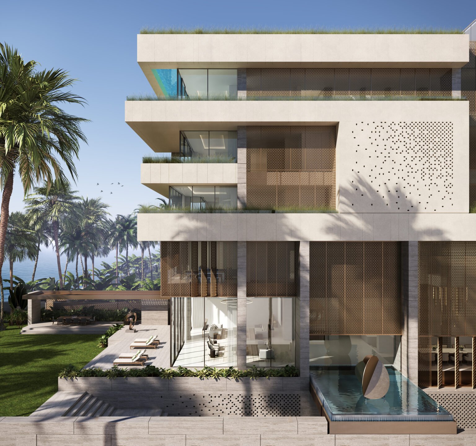 Exterior of Jindal Residence in Mumbai, India. Modern luxury building with glass balconies, beige facade, and perforated metal panels. Palm trees and ocean visible in the background.