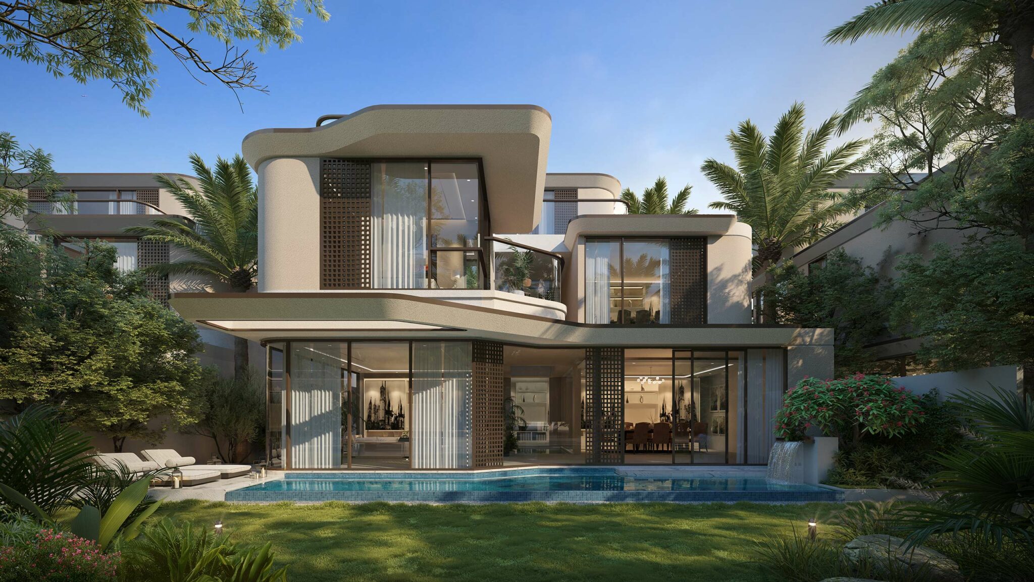 Modern two-story house with curved architectural design, large glass windows, and a swimming pool, surrounded by lush greenery and palm trees.