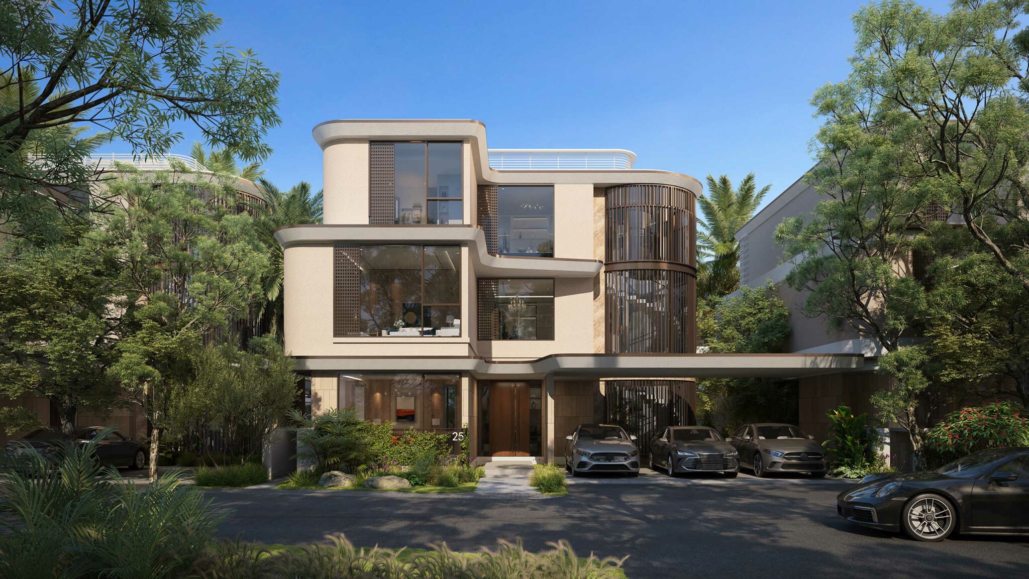 Modern three-story house with large windows, sleek curves, and neutral tones. Three luxury cars parked in the driveway, surrounded by greenery.