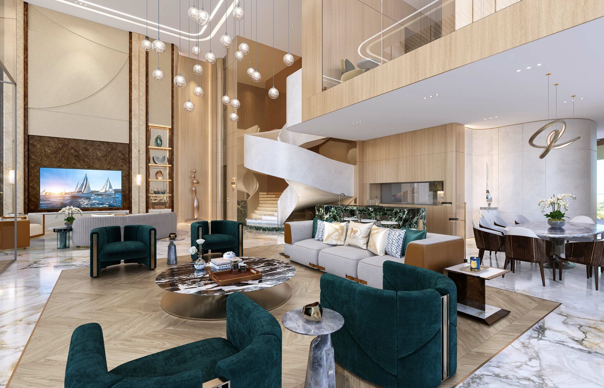 Luxurious open-concept living space with green velvet chairs, marble floors, and a spiral staircase. Contemporary decor and hanging lights add elegance.