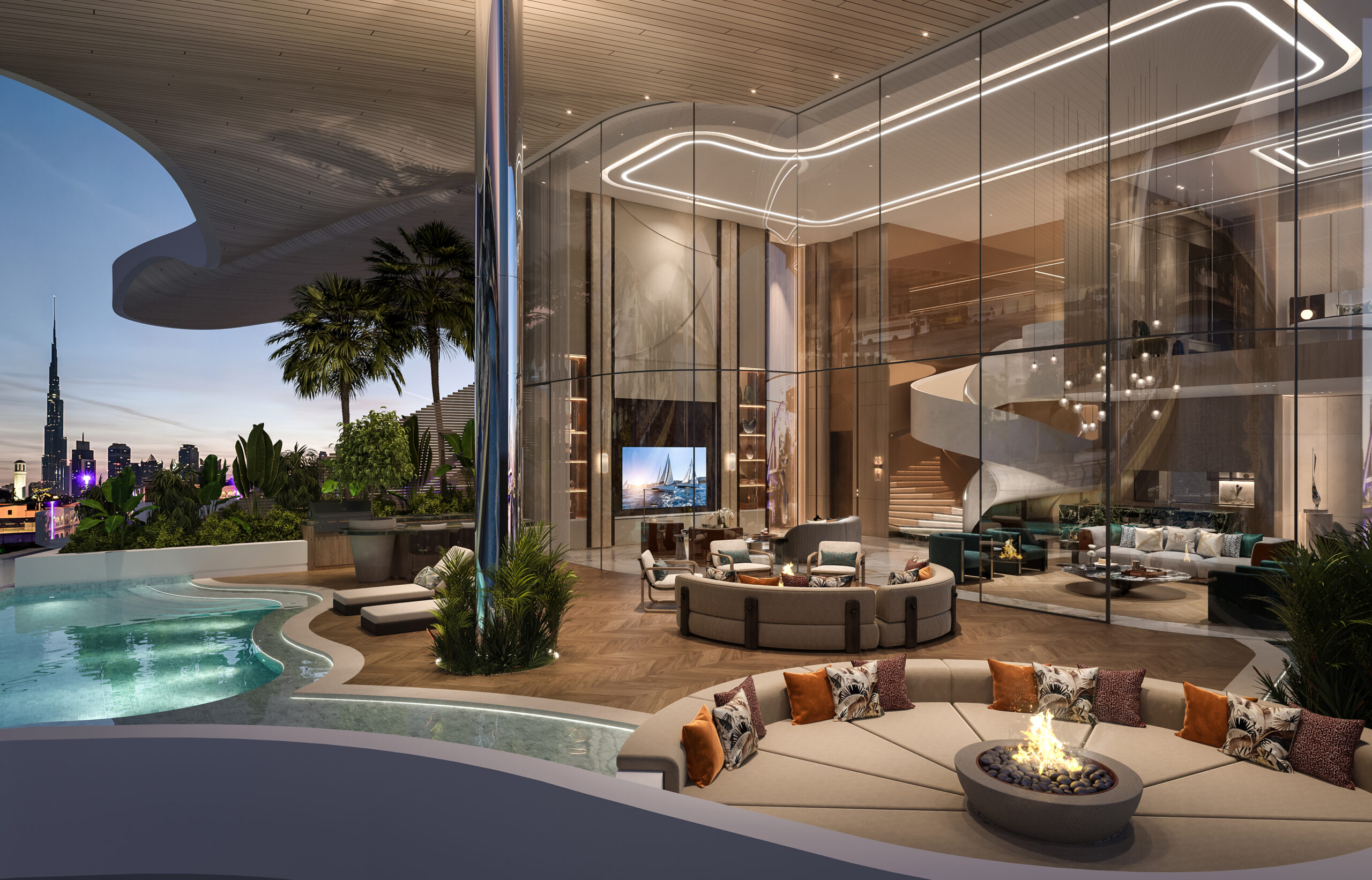 Luxurious open-plan living space with modern furnishings, a cozy fire pit, and a curved pool. Floor-to-ceiling windows showcase a cityscape and arch bridge at dusk, creating a sophisticated and tranquil atmosphere.