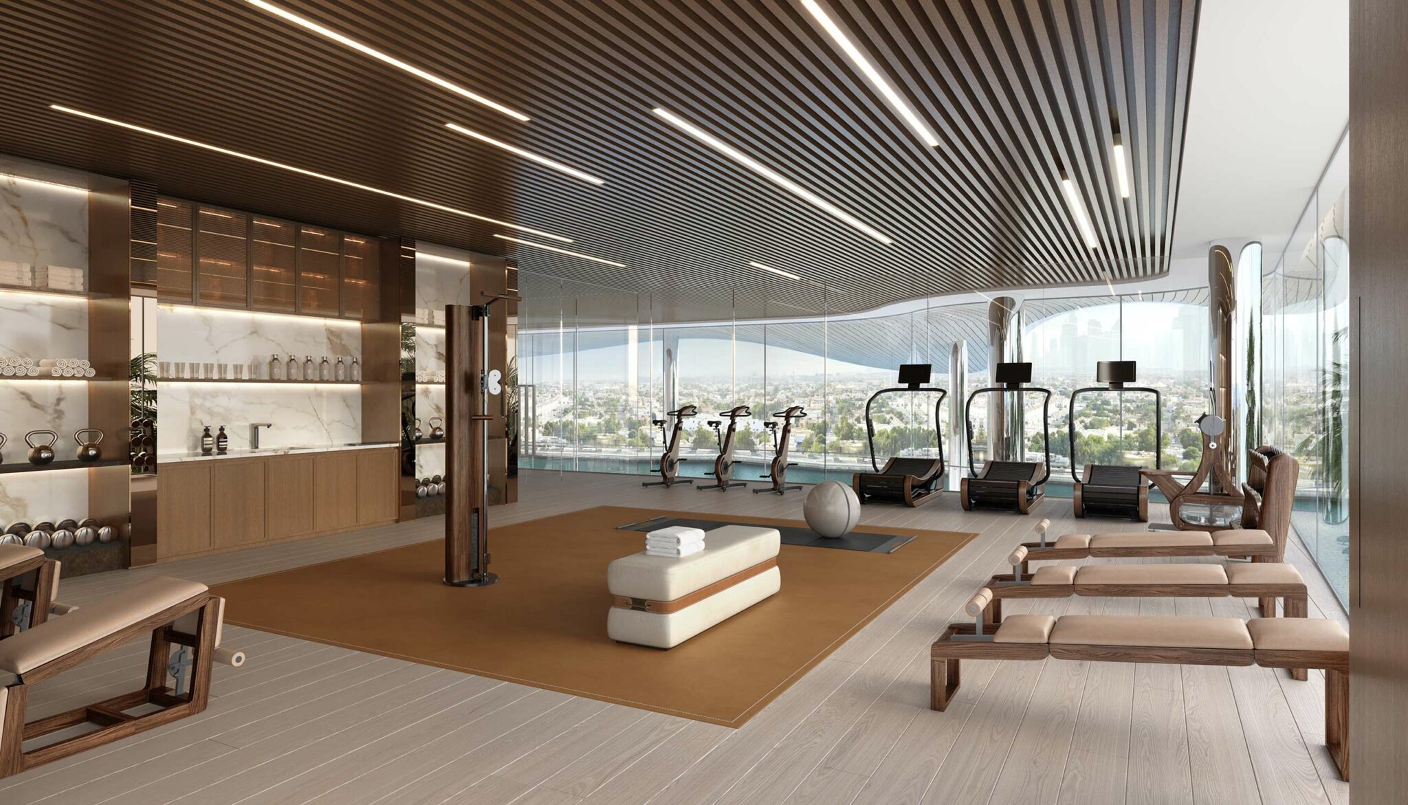 Spacious, modern gym with a wooden ceiling and large windows overlooking a cityscape. Equipped with treadmills, exercise bikes, and benches. Luxurious ambiance.