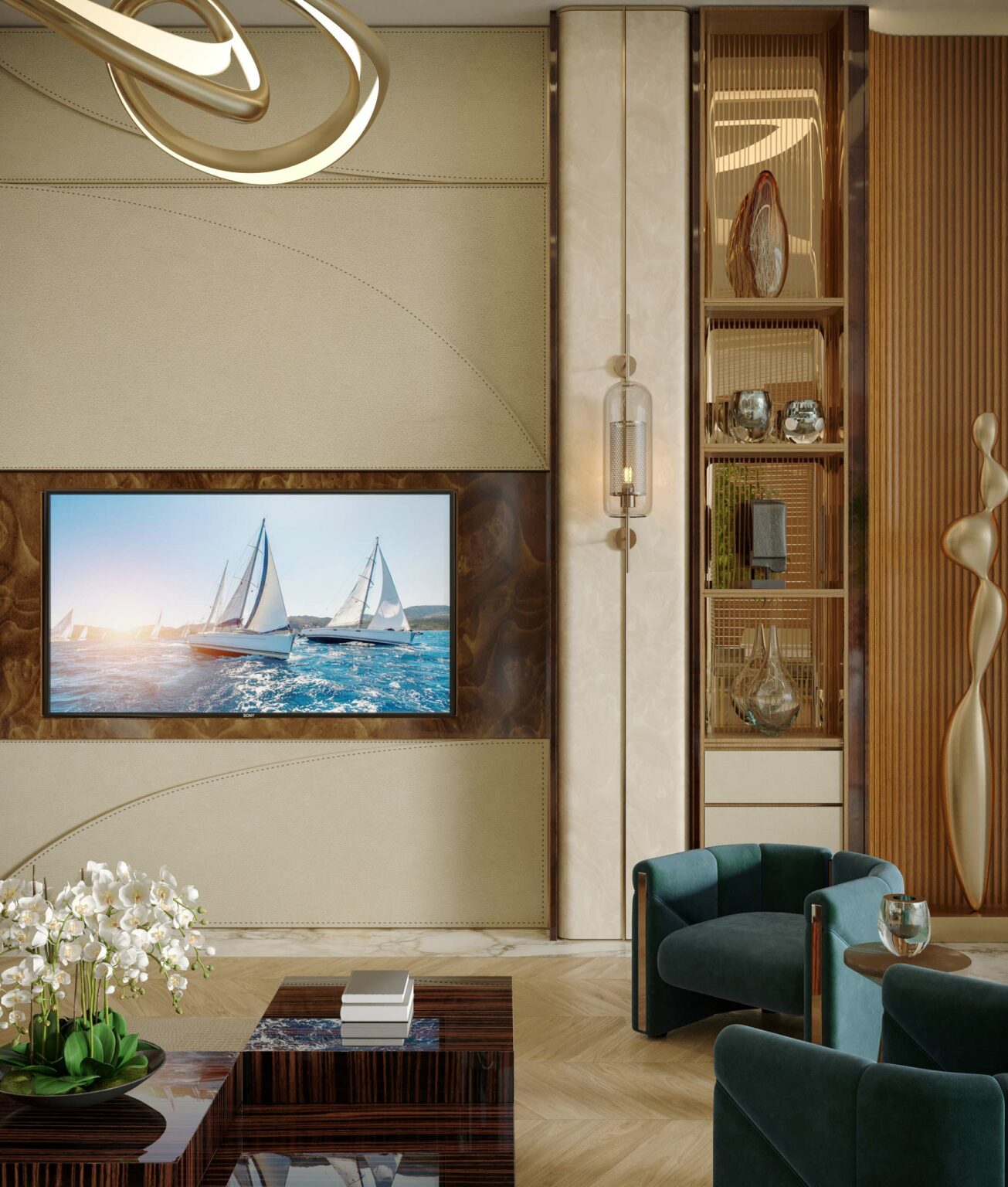 Luxurious living room with a modern design, featuring a TV showing sailboats, elegant shelves with vases, a plush green chair, and a glossy coffee table.