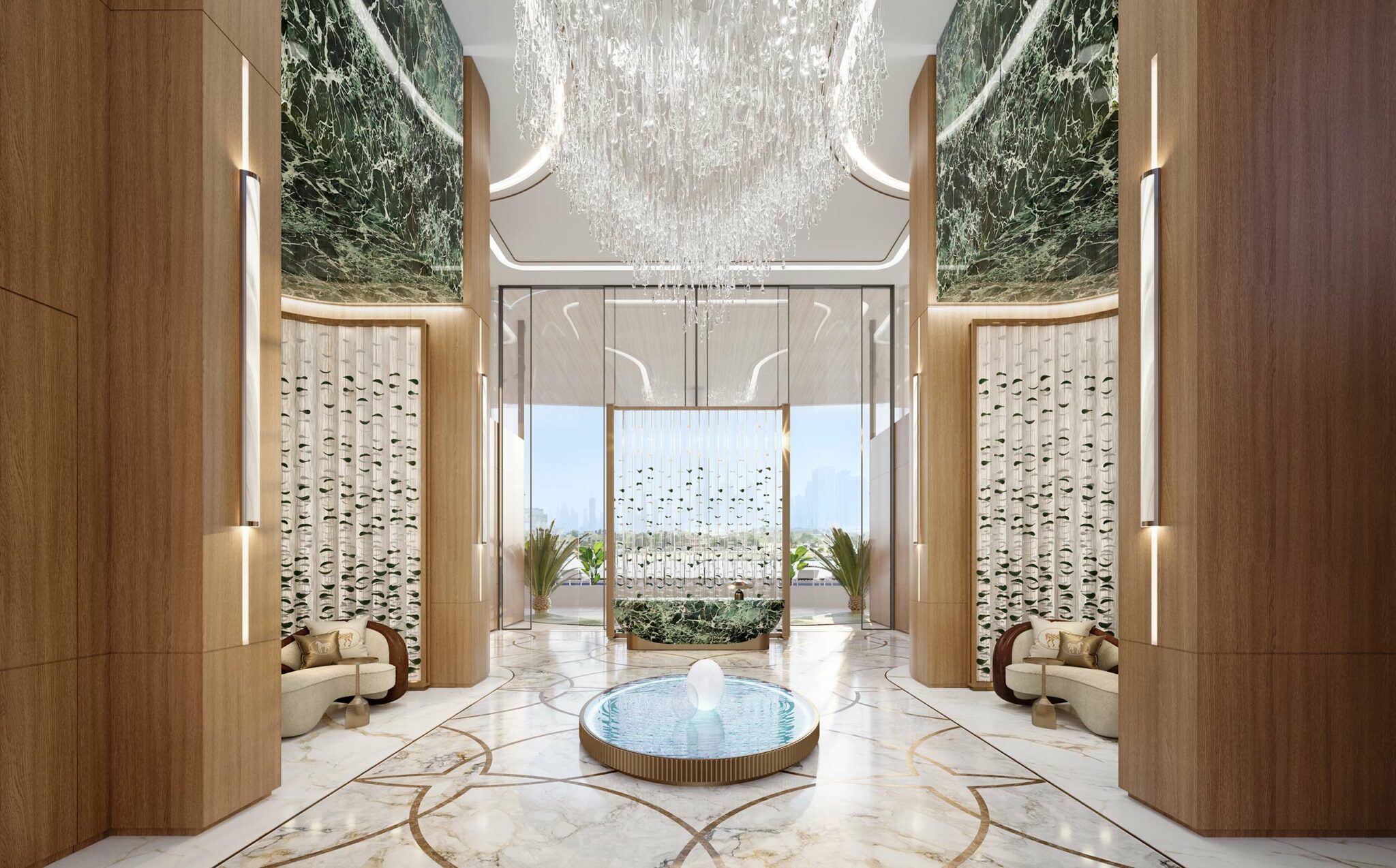Luxurious modern lobby with a grand chandelier, wood accents, and marble flooring. Central water feature and large windows create an elegant, serene atmosphere.