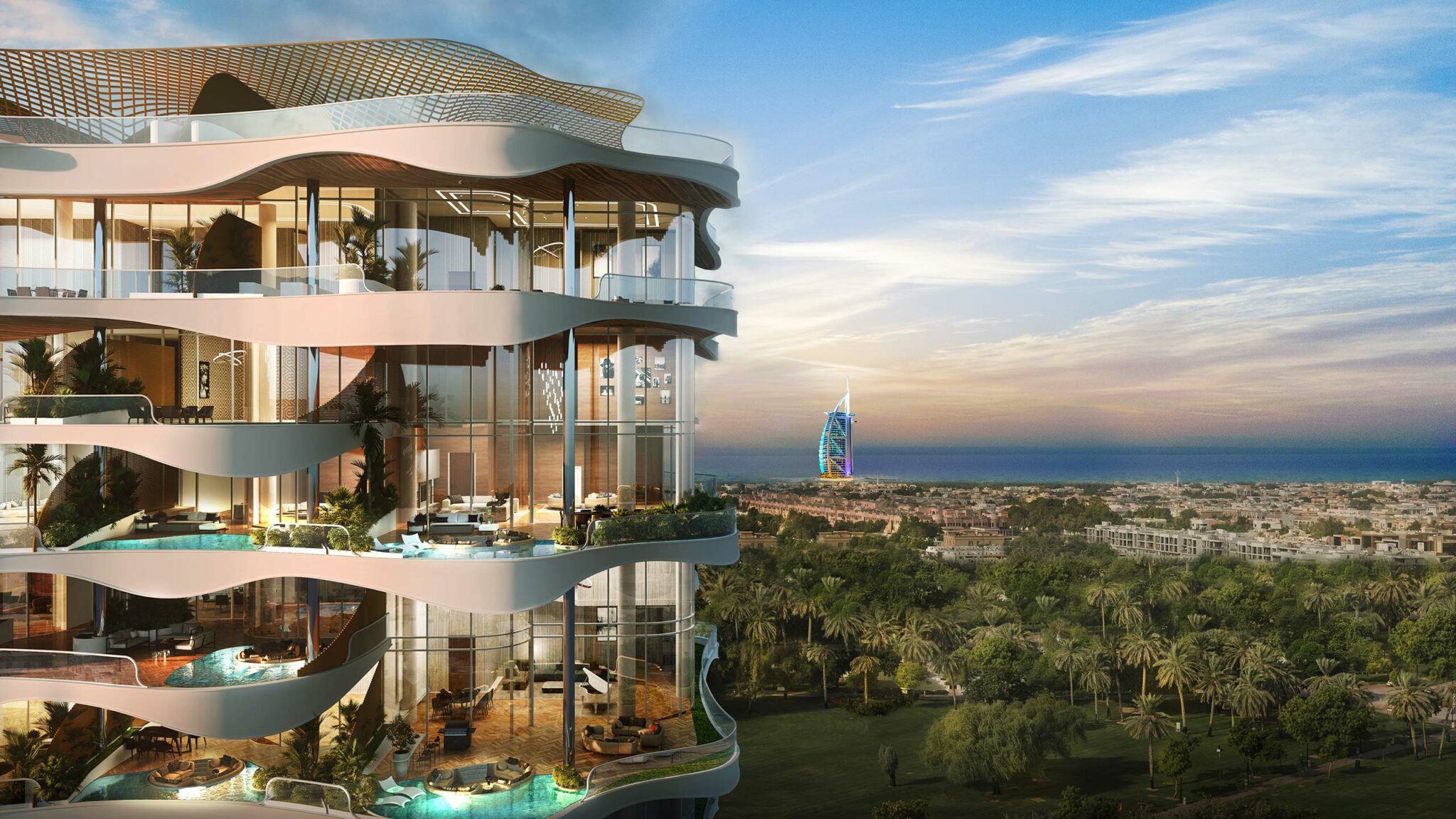 Modern luxury apartment building with curved balconies, surrounded by greenery; in the background, a cityscape with a distinctive sail-shaped tower.