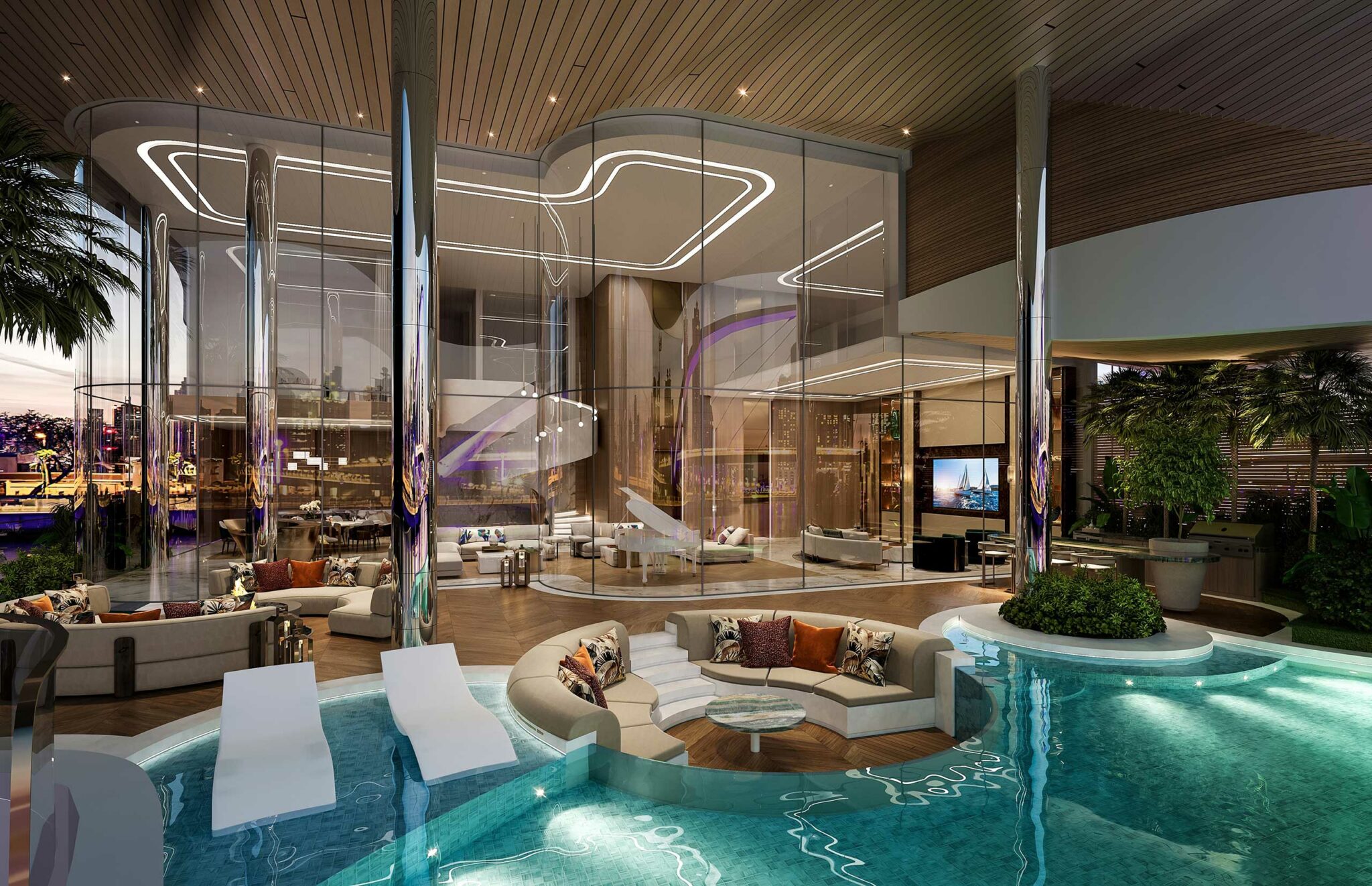 Luxurious modern living room with floor-to-ceiling windows, sleek furniture, and a cozy sunken seating area. A glass wall overlooks an elegant pool.