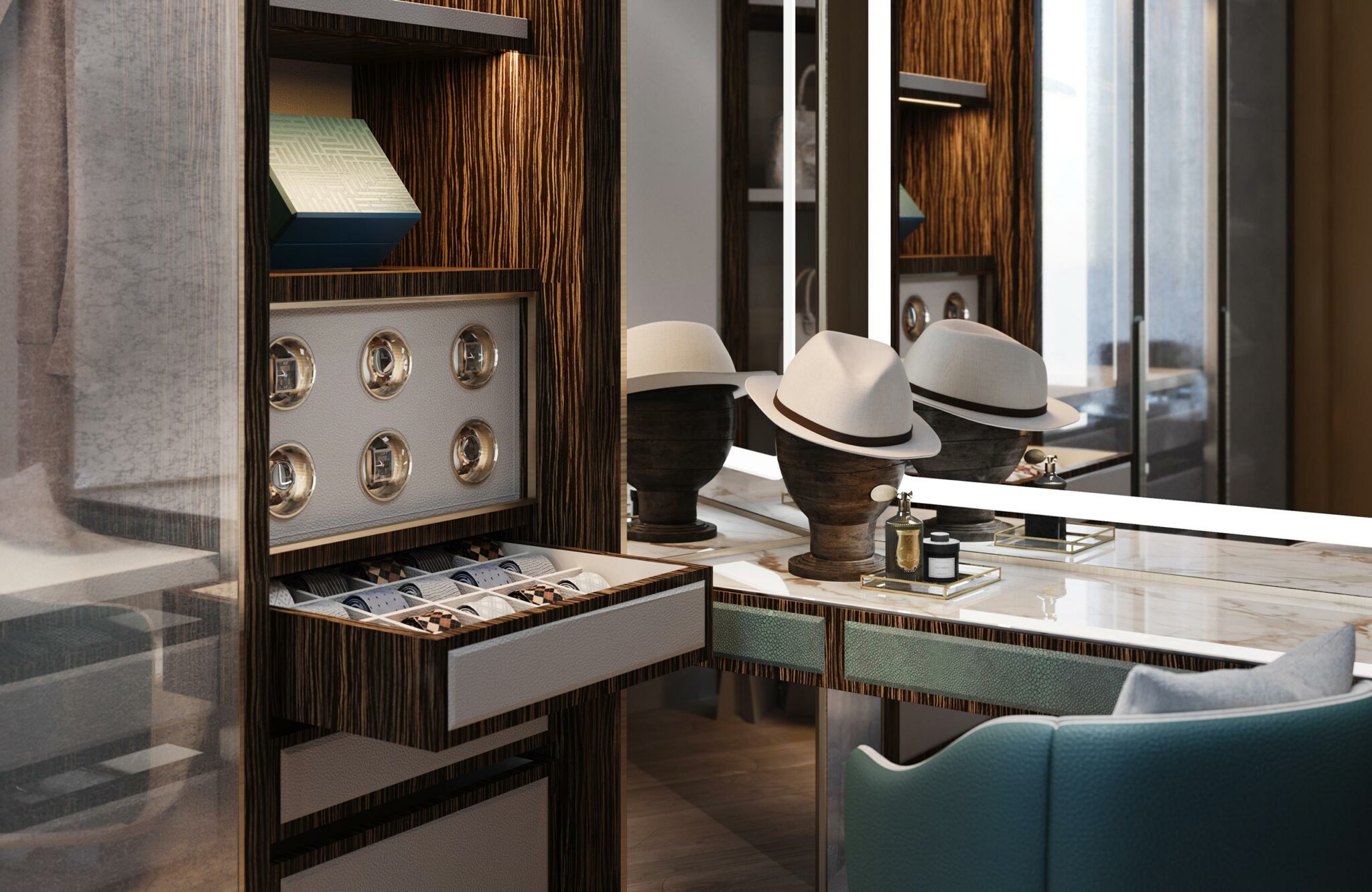 Luxurious dressing room with wooden accents and marble-topped vanity. Hats on display, watch winder, and organized drawer convey elegance and sophistication.
