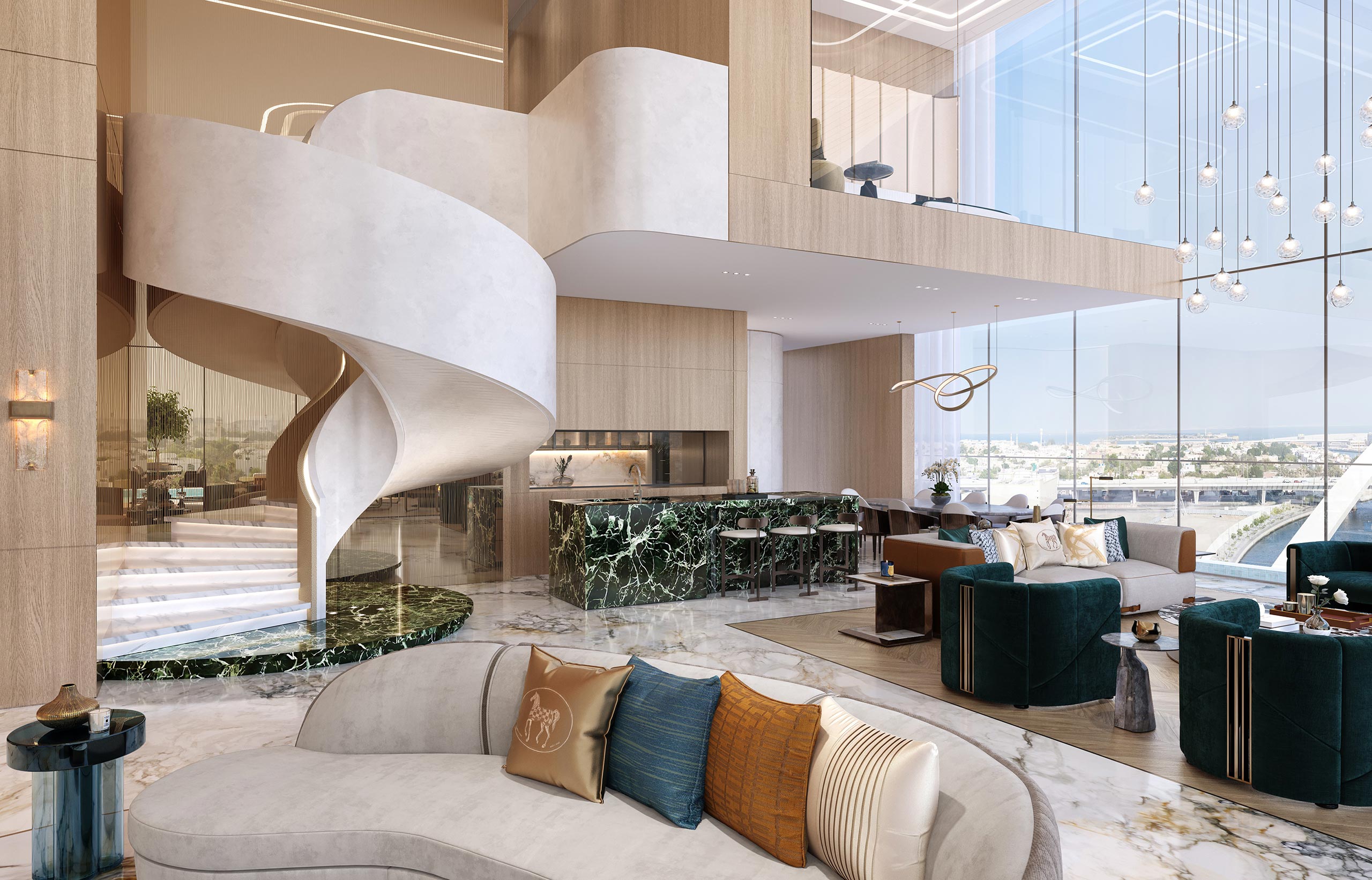 Luxurious modern living room with a spiral staircase, floor-to-ceiling windows, plush seating, and a green marble kitchen island. Airy and elegant ambiance.