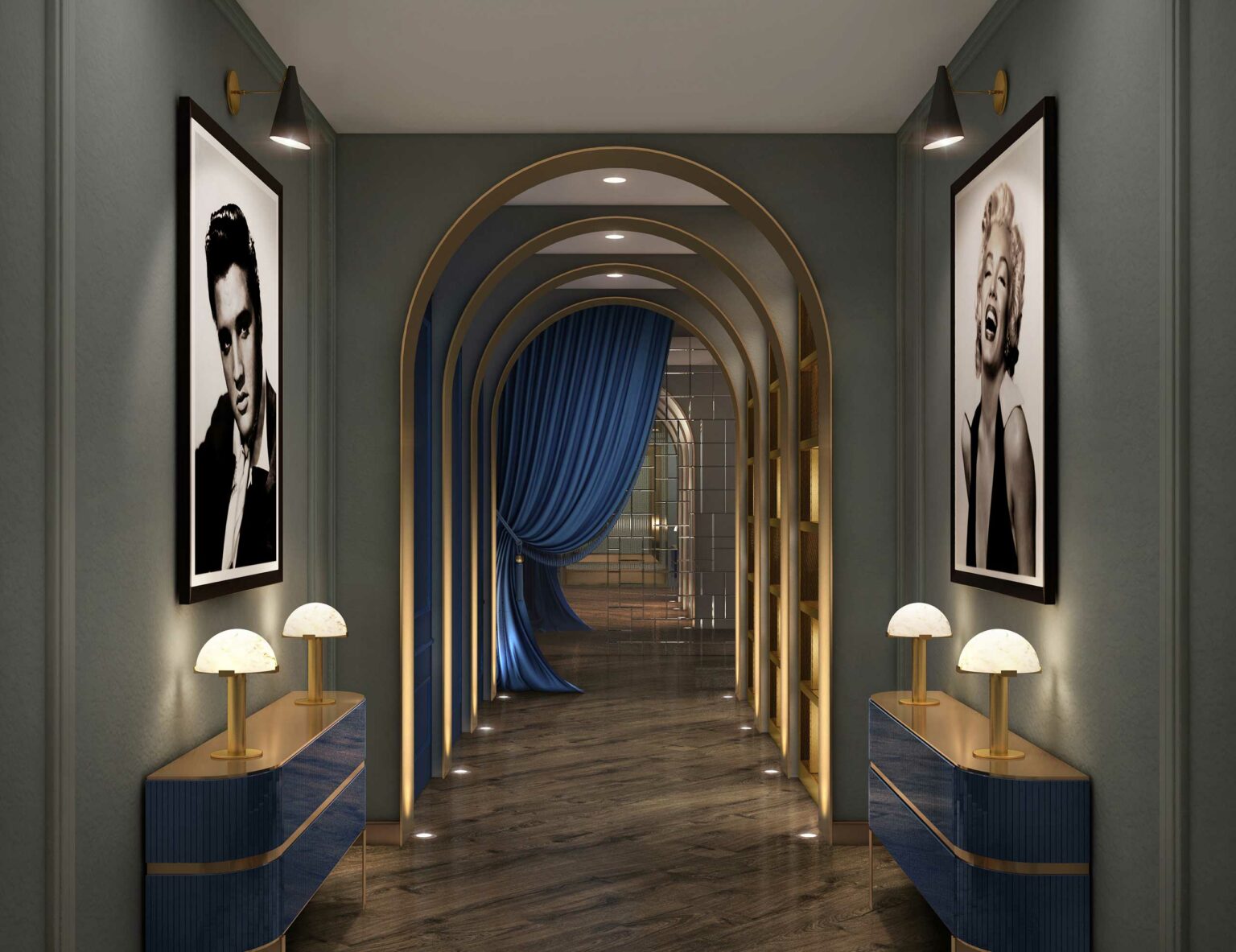 A stylish hallway features elegant archways, blue drapes, and dark wood flooring. Framed black-and-white portraits and modern lamps add a classic touch.