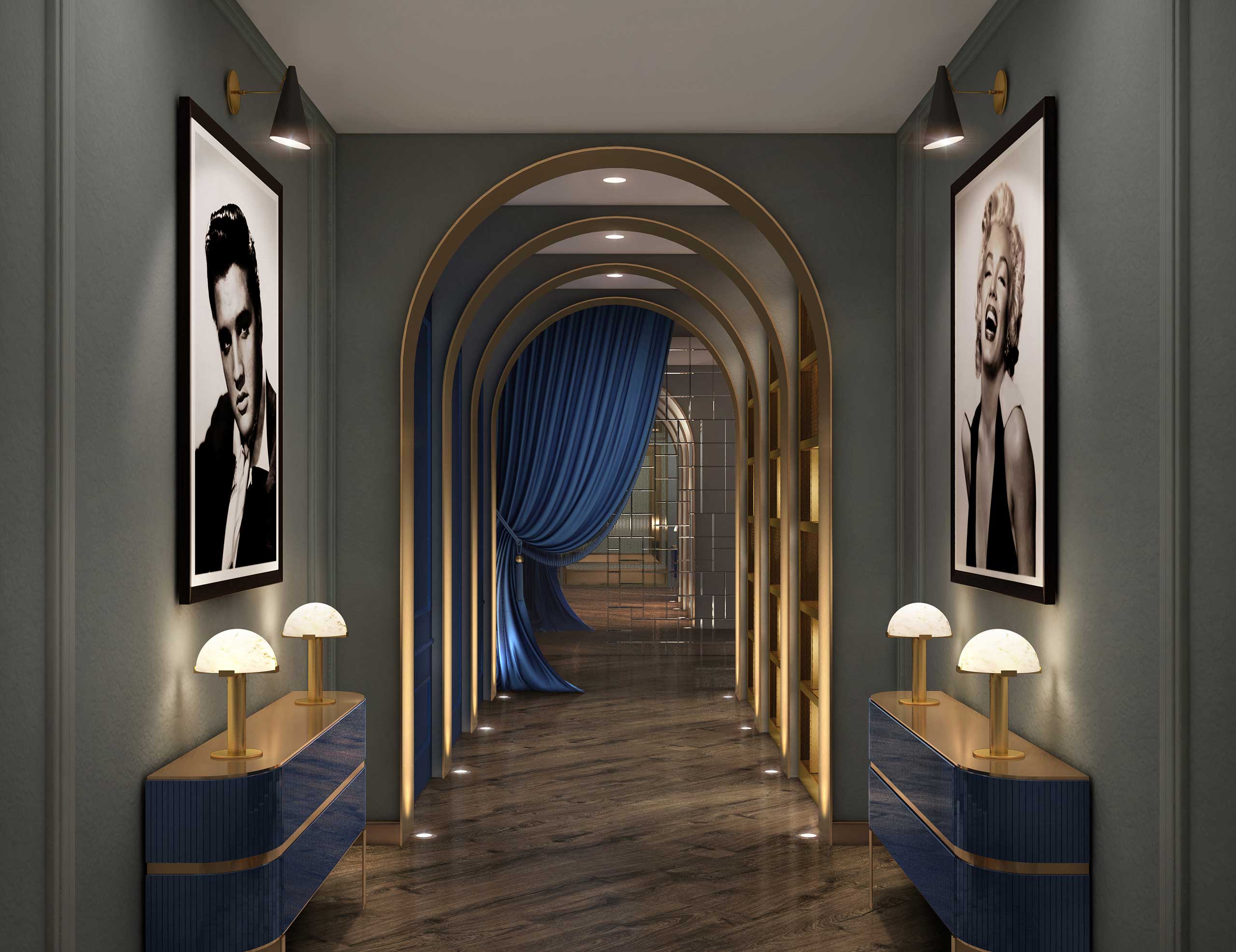 A stylish hallway features elegant archways, blue drapes, and dark wood flooring. Framed black-and-white portraits and modern lamps add a classic touch.