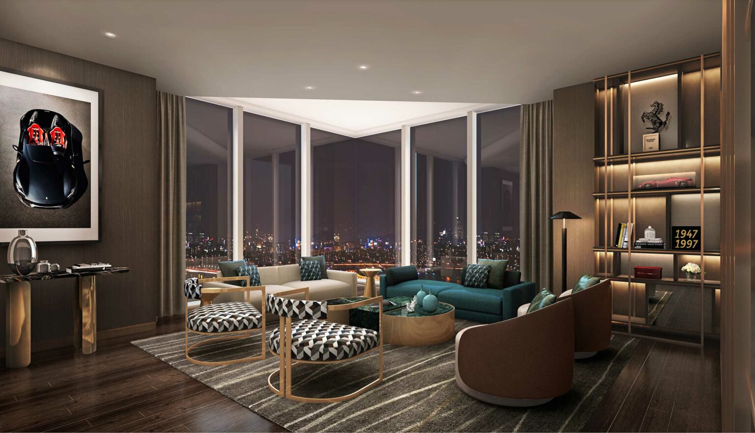 A modern, elegant residential lounge with a long beige sofa adorned with red and gray pillows. Abstract art decorates dark wood walls. Sculptures sit on a shelf above a subtle fireplace, adding warmth and sophistication.