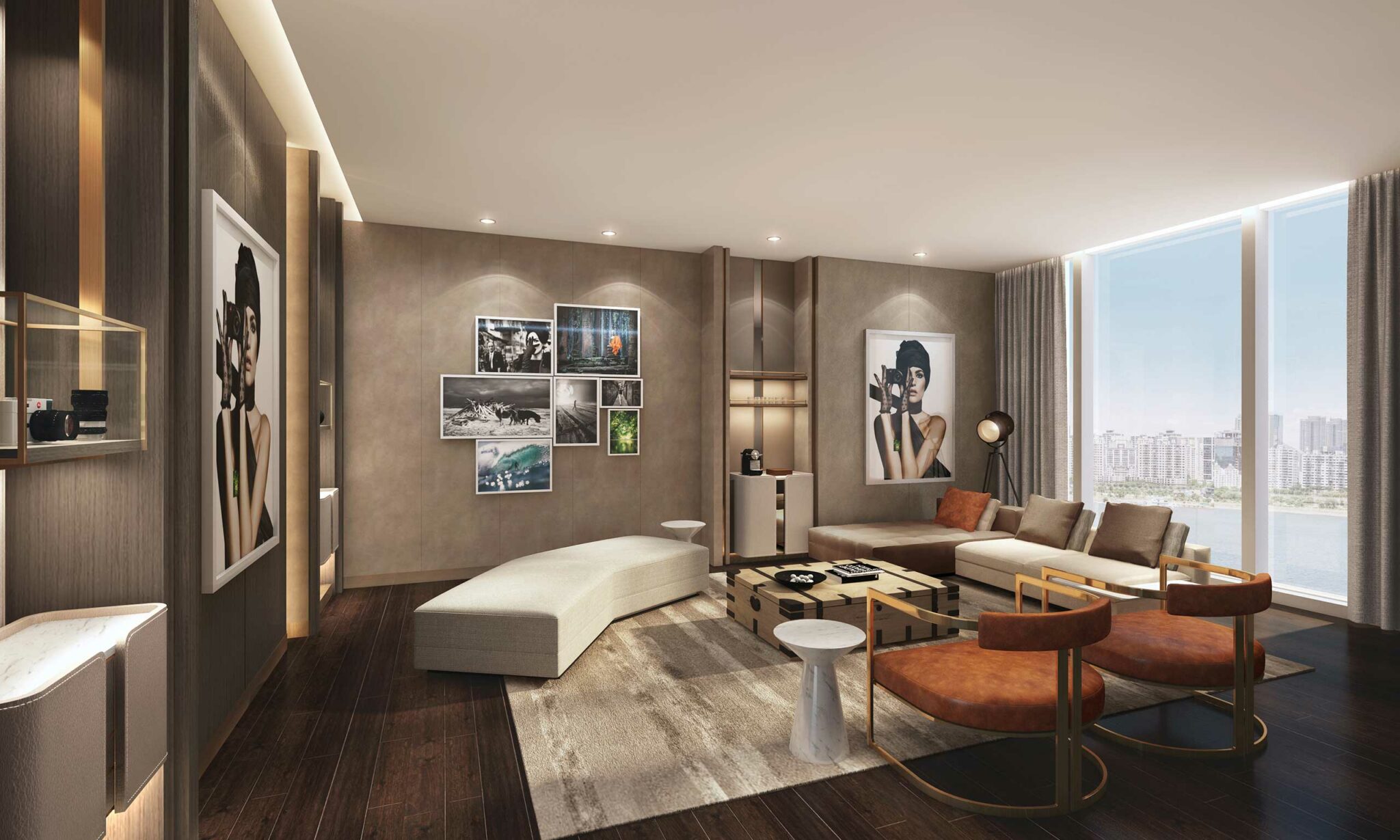 Modern living room with large windows showcasing a cityscape. Features neutral tones, abstract art, a curved sofa, and wooden accents, conveying a chic, cozy atmosphere.