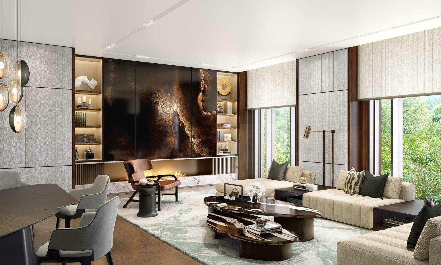 Luxurious clubhouse modern living room featuring a sleek brown and gold accent wall, cozy beige sectional, elegant coffee table, and large windows with garden views.