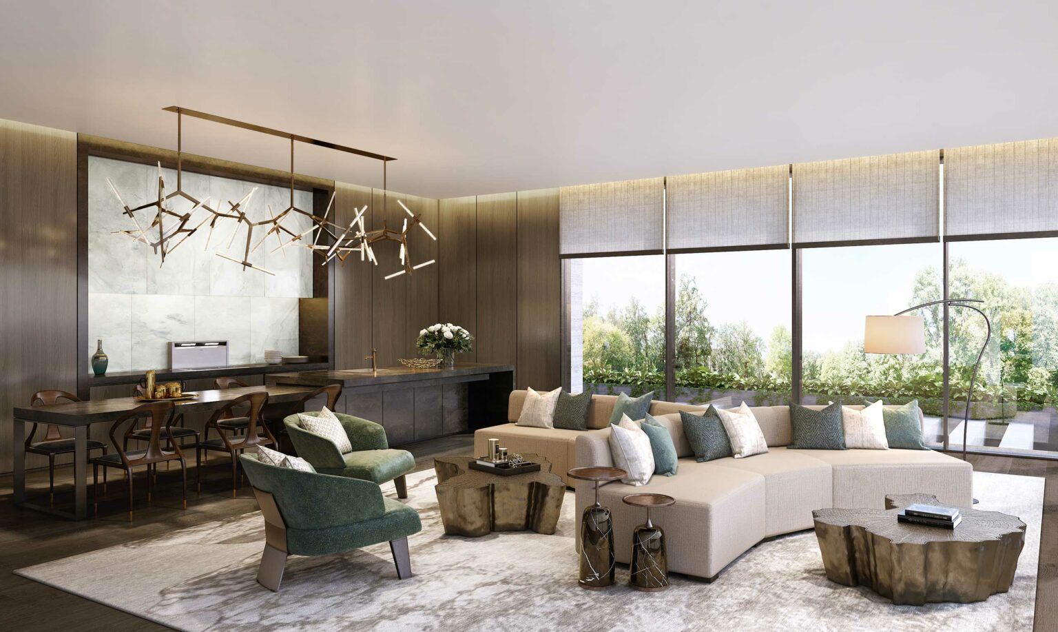 Elegant living room with large windows offering a garden view. Features modern chandelier, beige sectional sofa, green chairs, and wooden tables.