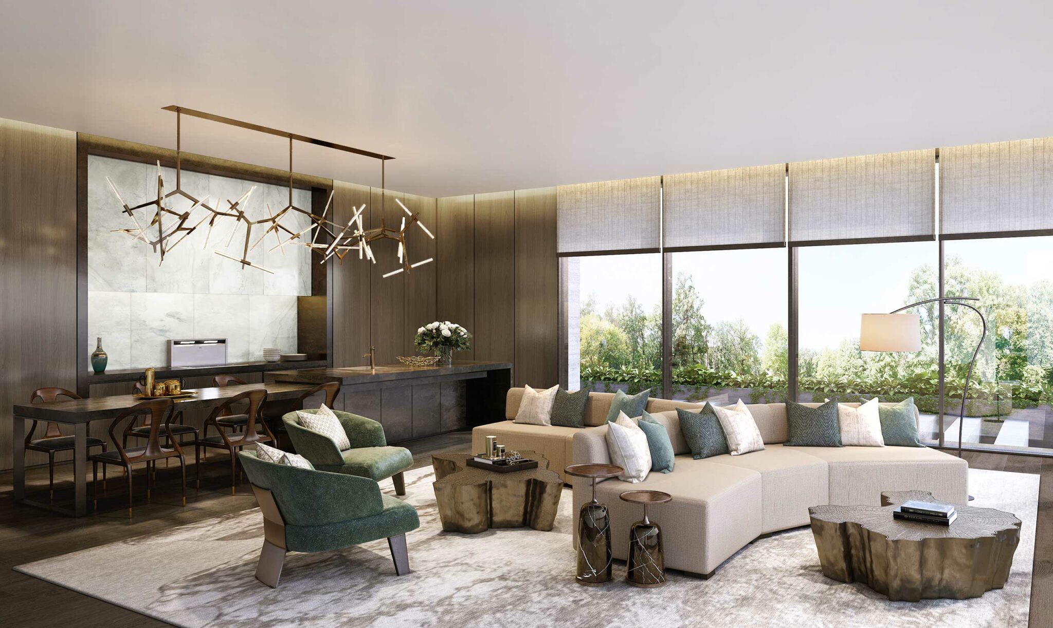 Elegant living room with large windows offering a garden view. Features modern chandelier, beige sectional sofa, green chairs, and wooden tables.