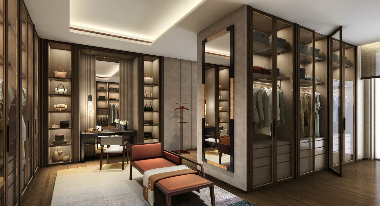 Luxurious clubhouse walk-in closet with illuminated shelves displaying bags and shoes, mirrored glass wardrobes, and elegant seating, exuding a sophisticated ambiance.