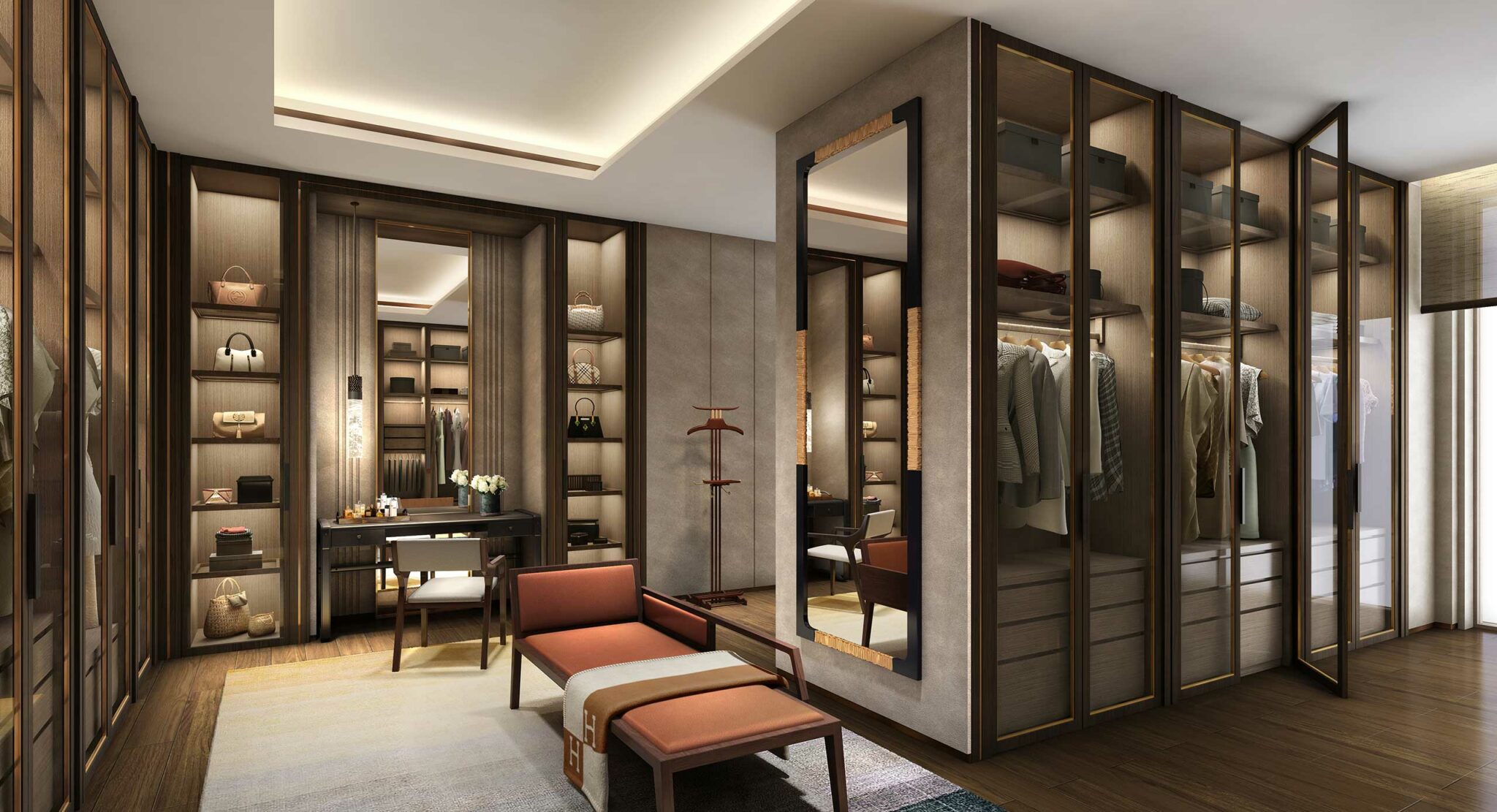Luxurious clubhouse walk-in closet with illuminated shelves displaying bags and shoes, mirrored glass wardrobes, and elegant seating, exuding a sophisticated ambiance.