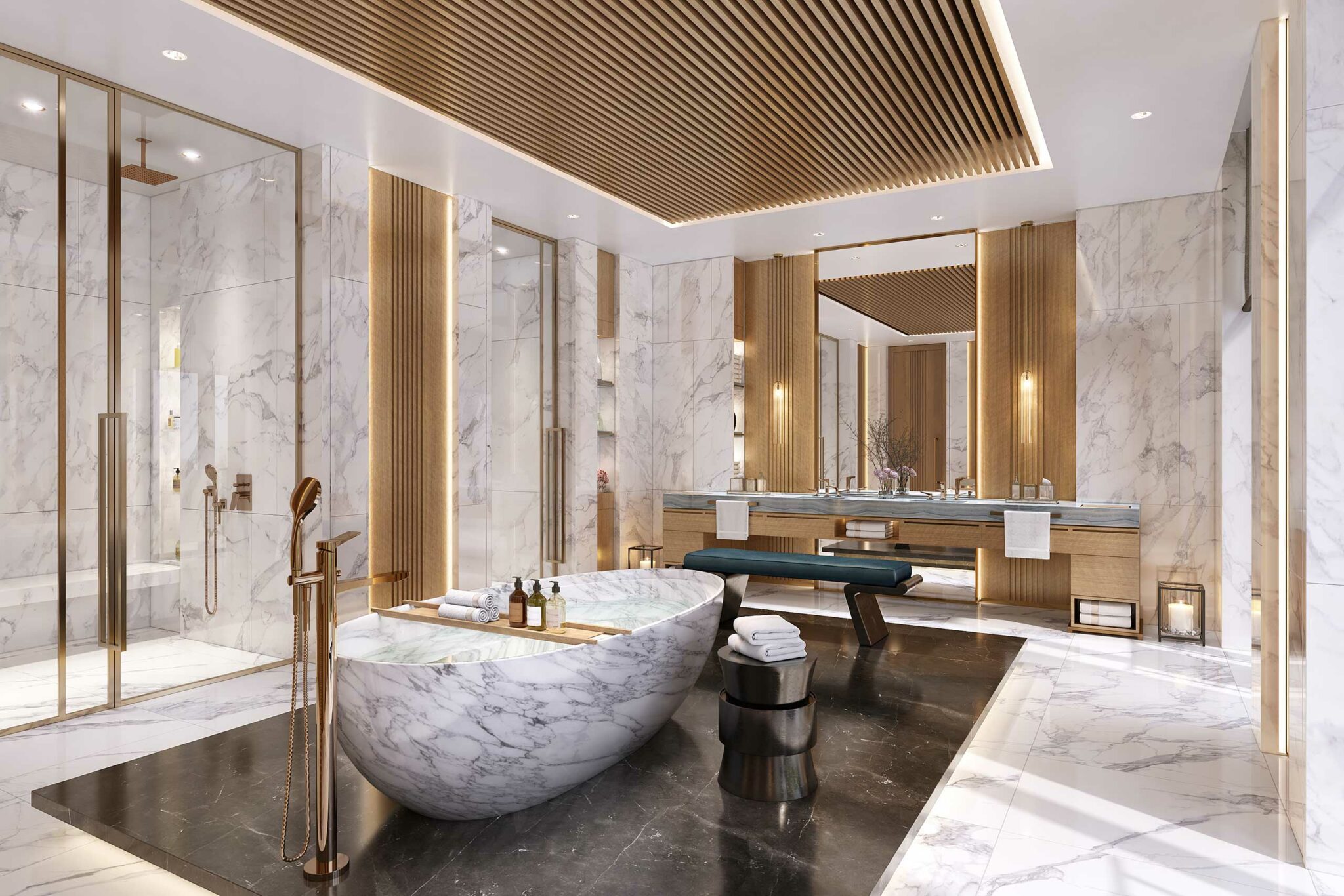 Luxurious clubhouse bathroom with a freestanding marble tub on dark flooring, glass shower, marble walls, elegant wood accents, and warm ambient lighting.