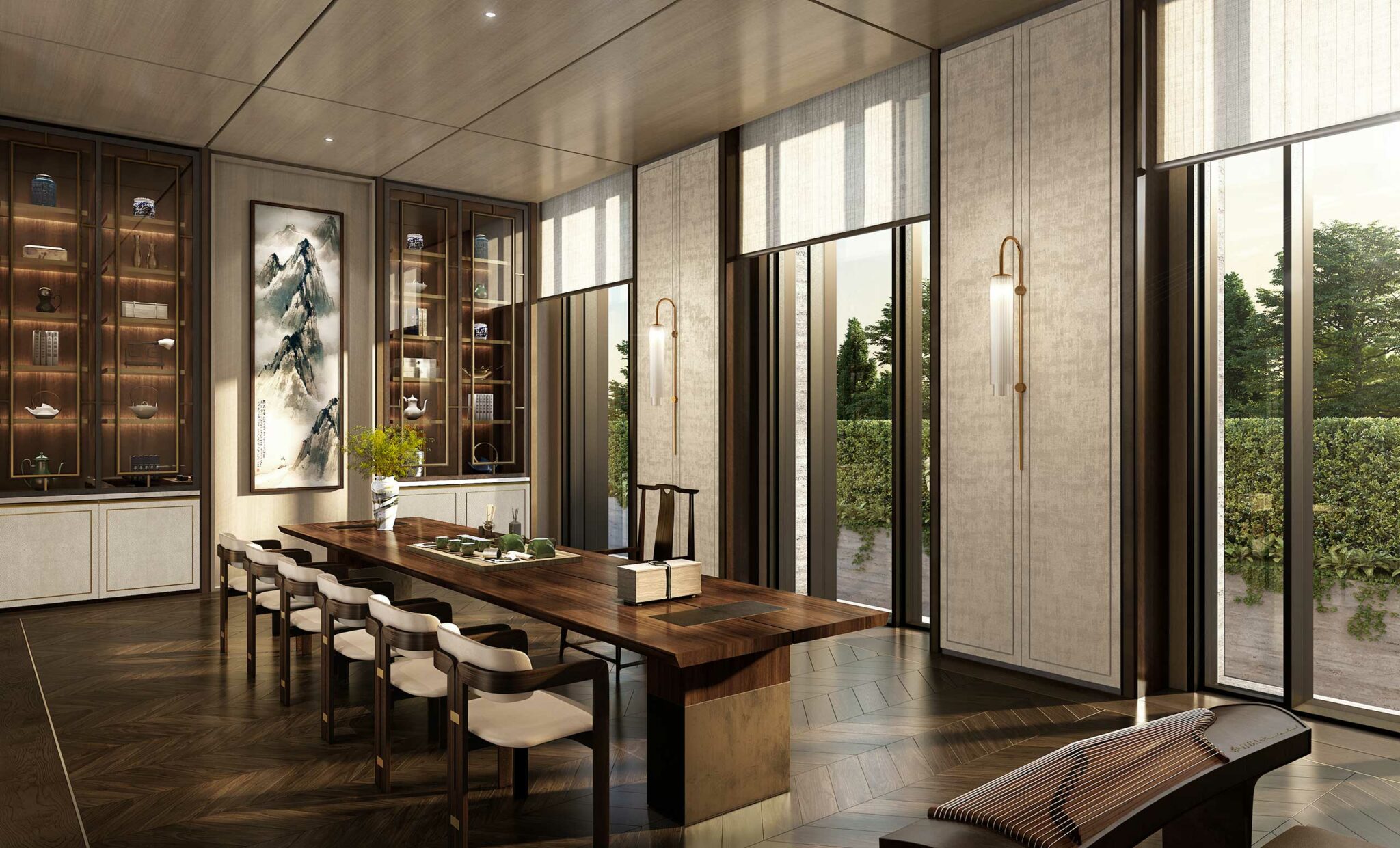 Luxurious dining room with a long wooden table, modern chairs, wall art, and large windows. Soft lighting and greenery create a serene ambiance.