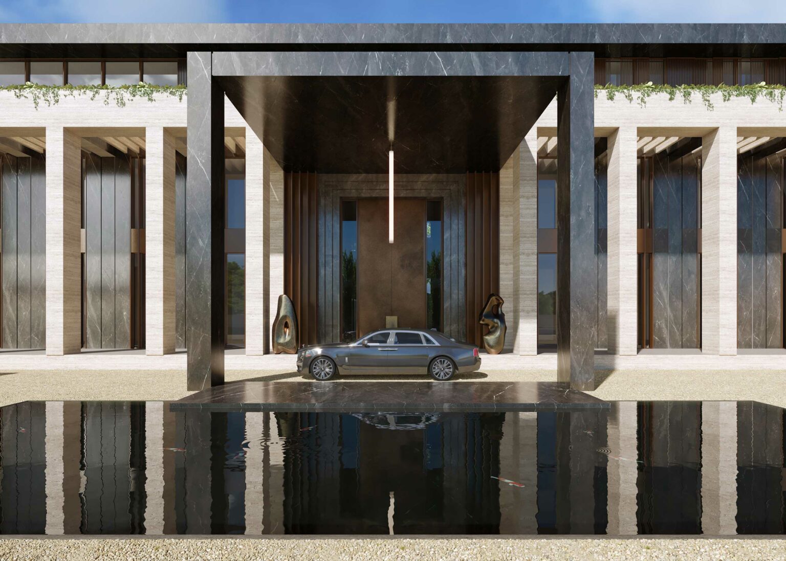 A luxury car is parked under a sleek, modern portico with dark marble elements and tall columns. The setting is elegant, reflecting sophistication and grandeur.